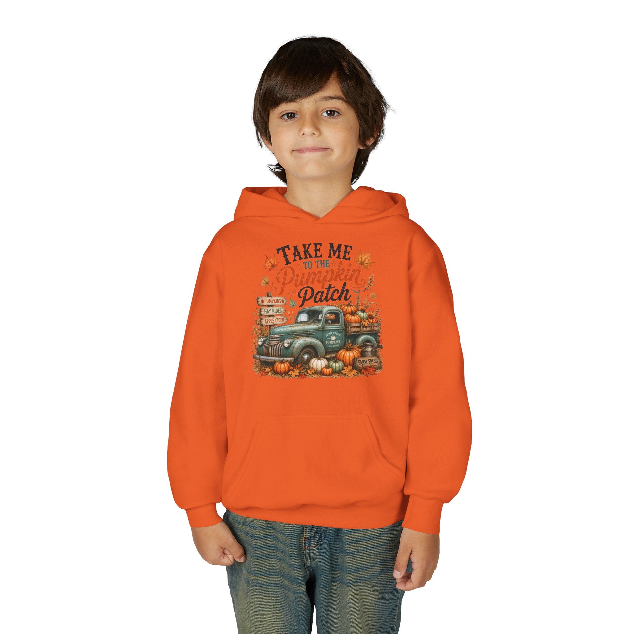 Youth Fall Pumpkin Truck Hoodie — 'Pumpkin Patch' Vintage Truck Graphic Hooded Sweatshirt