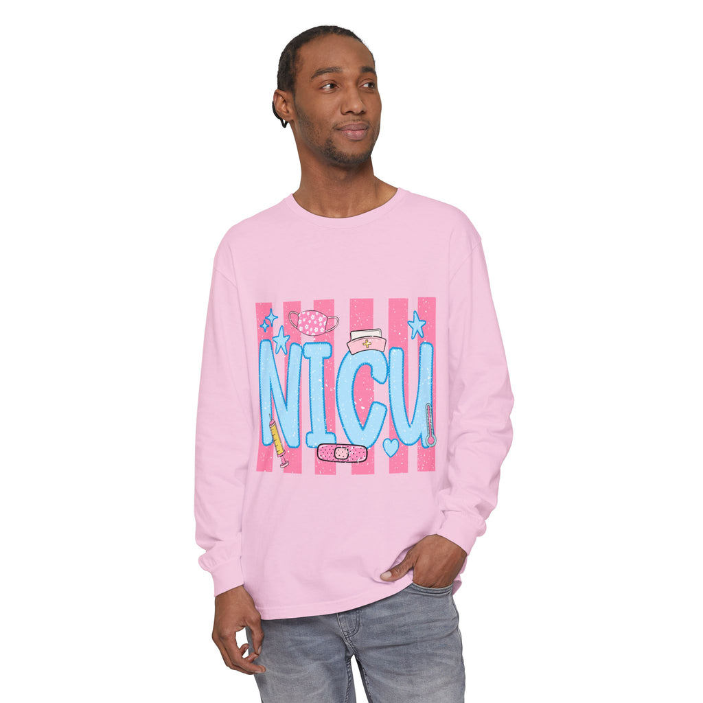 NICU Support Long Sleeve Tee — Cute Pink Stripes & Bandage Design