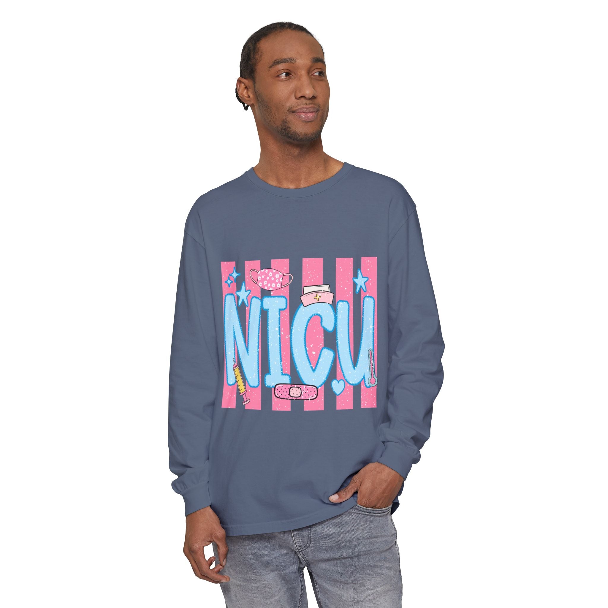 NICU Support Long Sleeve Tee — Cute Pink Stripes & Bandage Design
