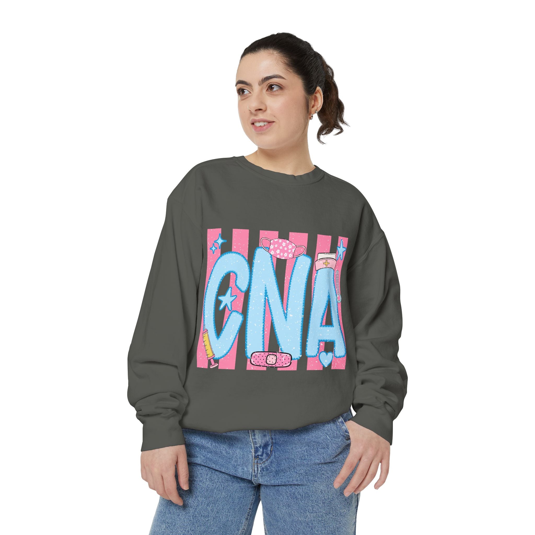 CNA Sparkle Graphic Sweatshirt — Pink & Blue Nurse Assistant Crewneck