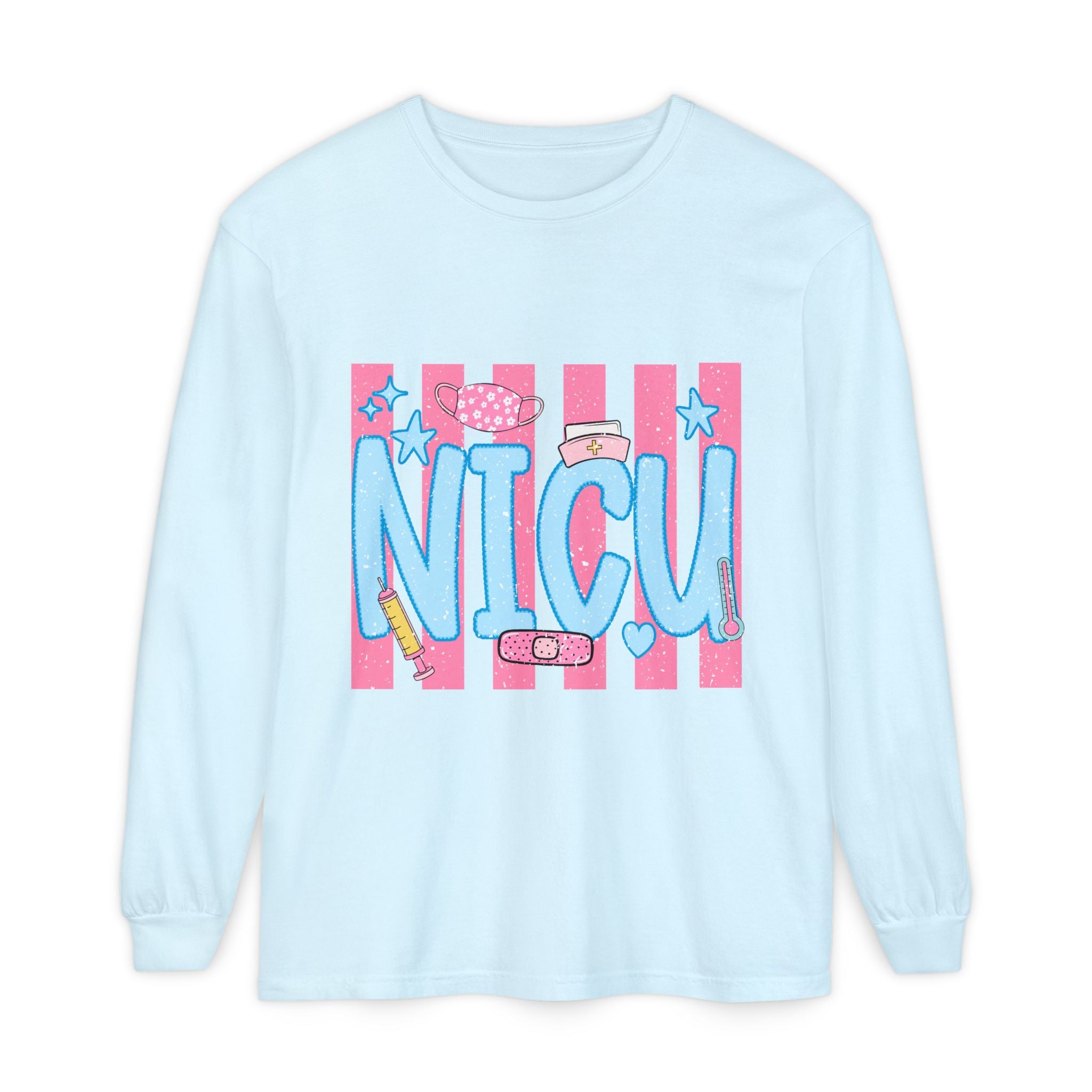 NICU Support Long Sleeve Tee — Cute Pink Stripes & Bandage Design