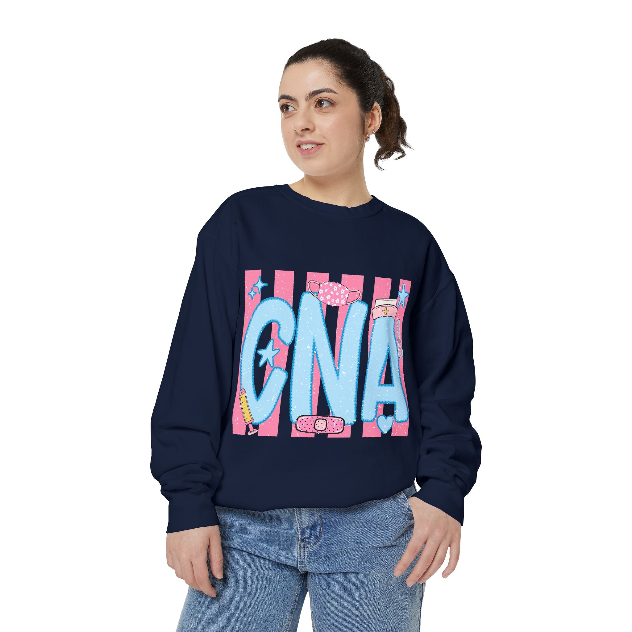 CNA Sparkle Graphic Sweatshirt — Pink & Blue Nurse Assistant Crewneck