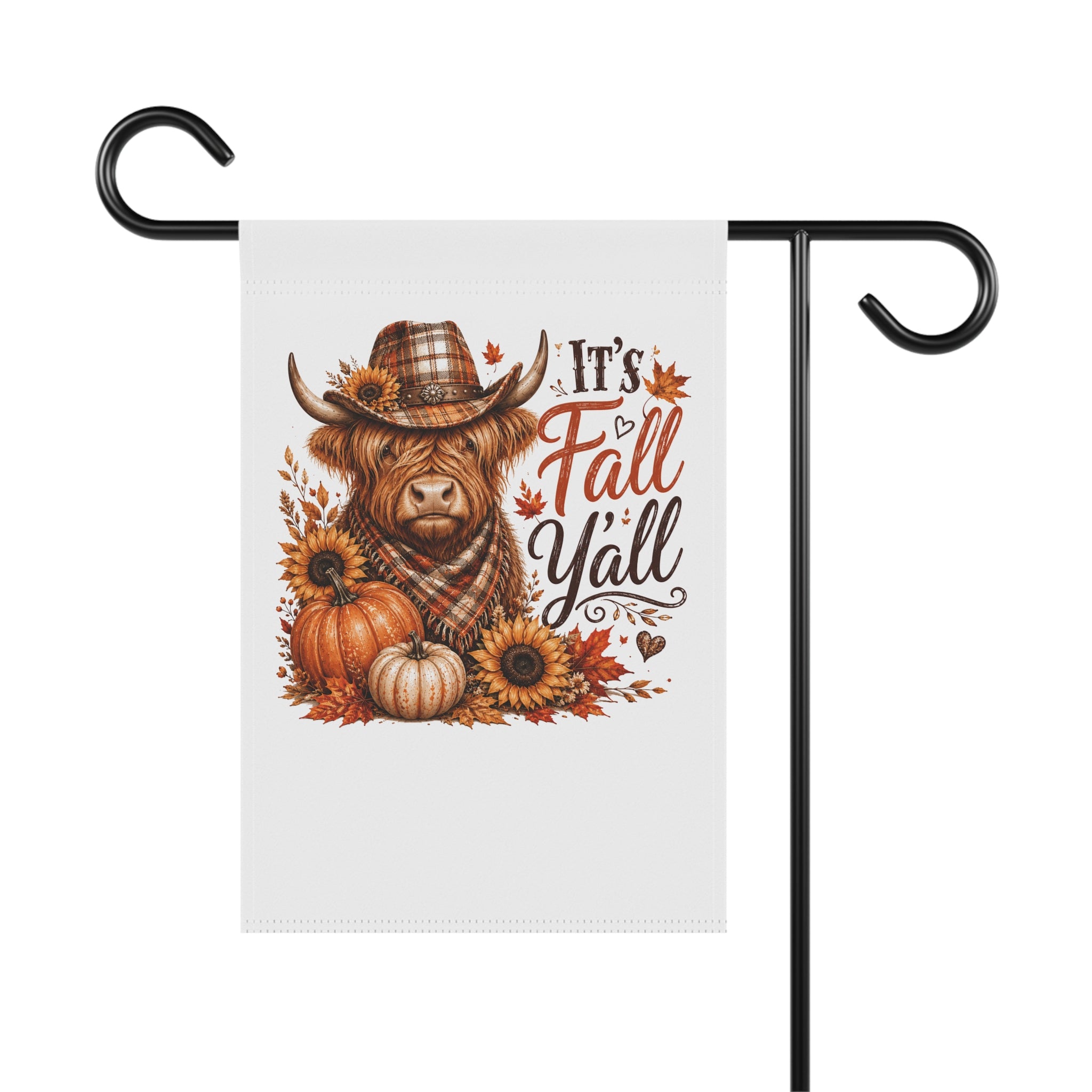 Fall Garden Flag — "It's Fall Y'all" Highland Cow Pumpkin Sunflowers Banner