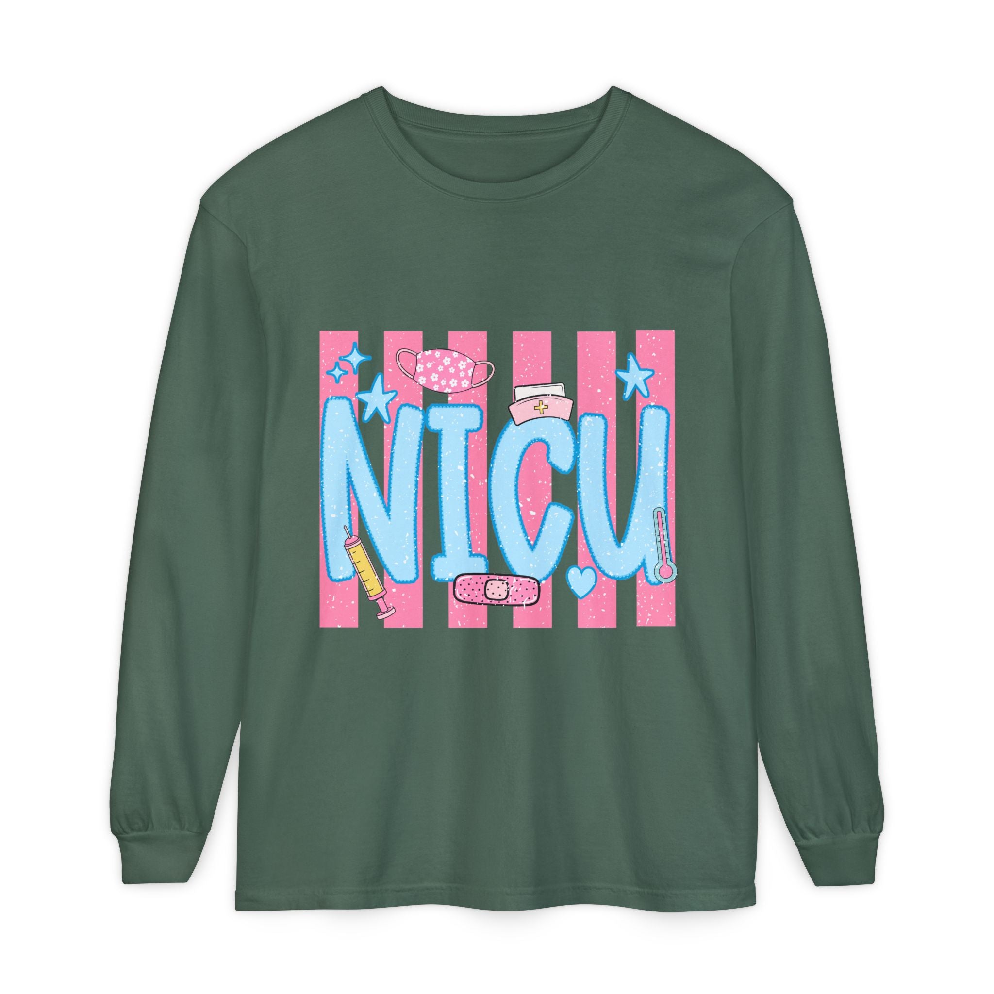 NICU Support Long Sleeve Tee — Cute Pink Stripes & Bandage Design
