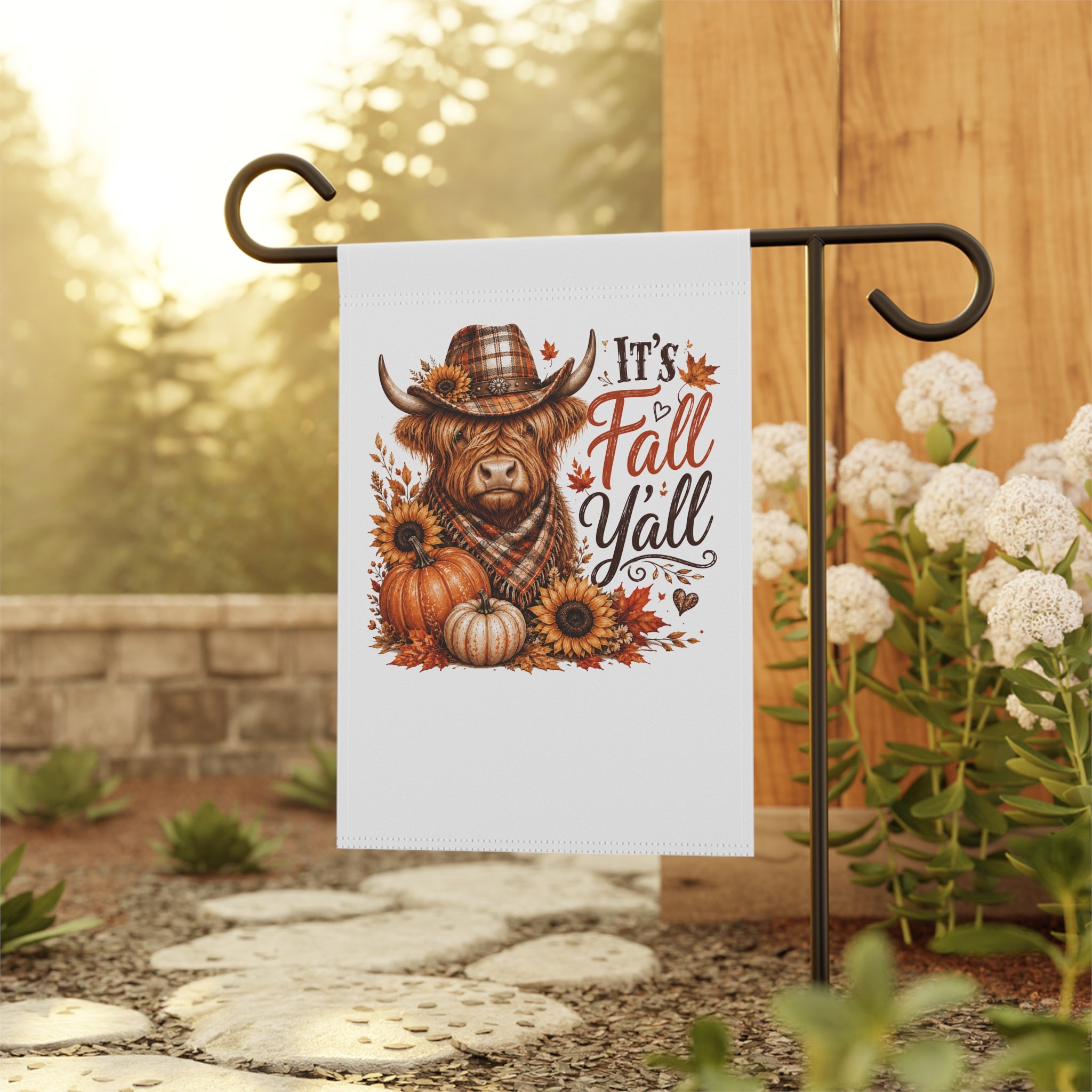 Fall Garden Flag — "It's Fall Y'all" Highland Cow Pumpkin Sunflowers Banner