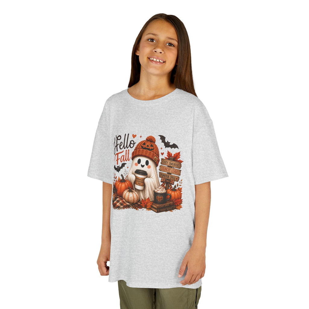 Kids Tee — "Hello Fall" Puppy Pumpkin Autumn Graphic