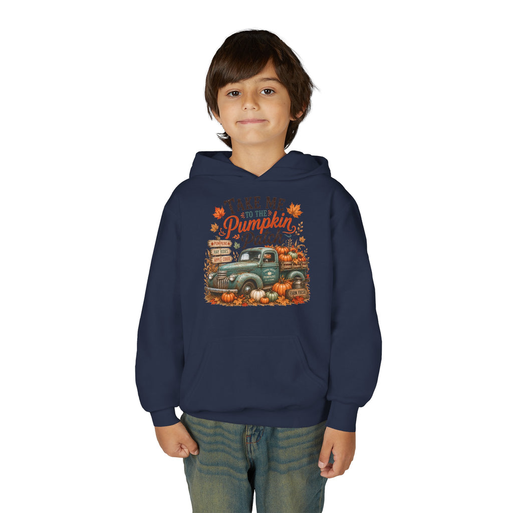 Youth Fall Pumpkin Truck Hoodie — 'Pumpkin Patch' Vintage Truck Graphic Hooded Sweatshirt