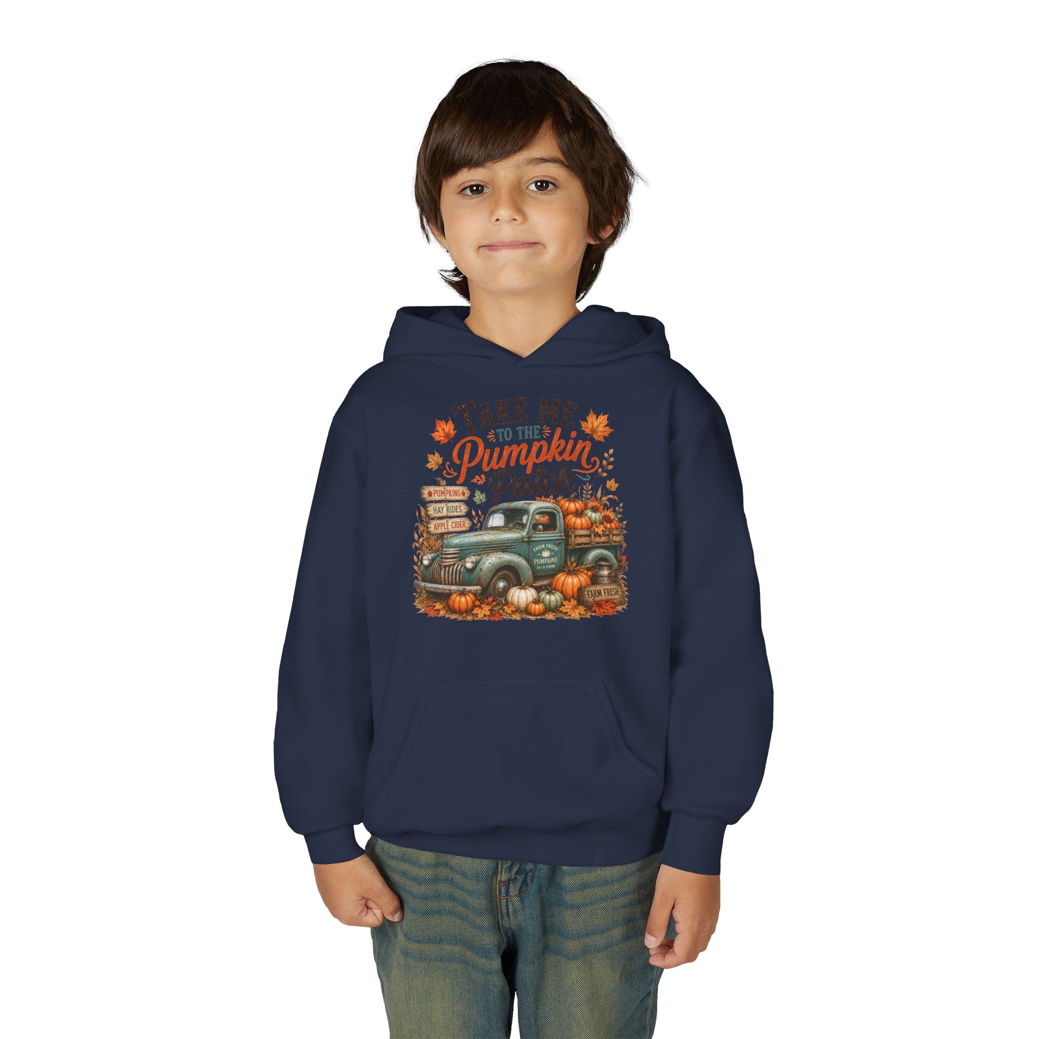 Youth Fall Pumpkin Truck Hoodie — 'Pumpkin Patch' Vintage Truck Graphic Hooded Sweatshirt