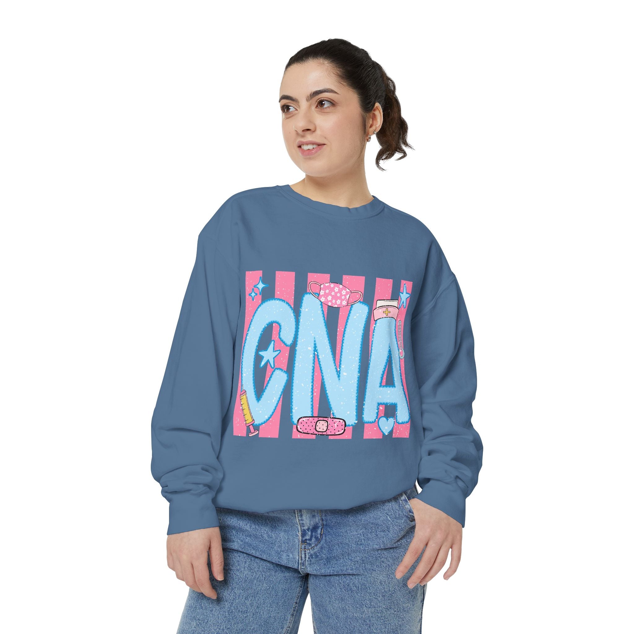 CNA Sparkle Graphic Sweatshirt — Pink & Blue Nurse Assistant Crewneck