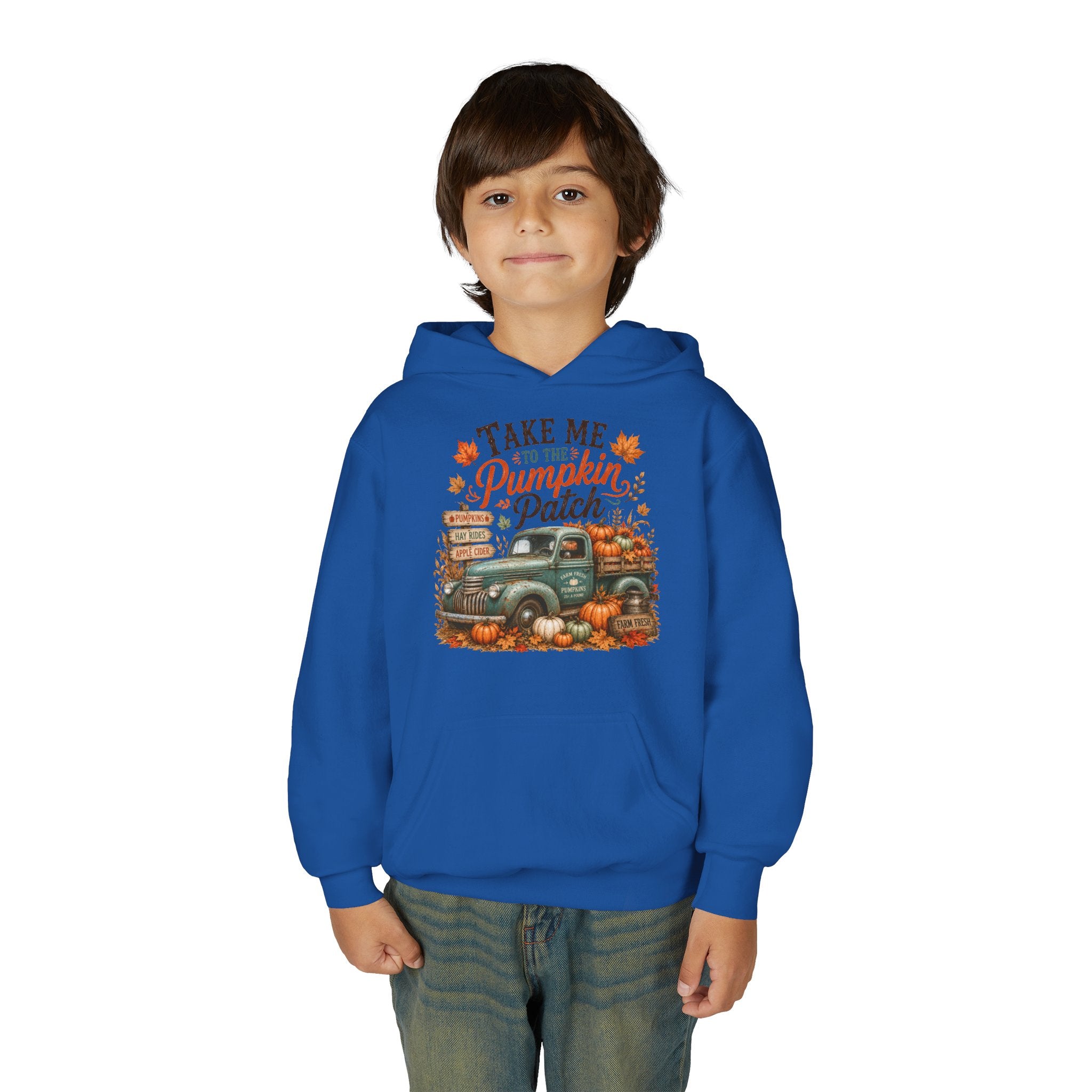 Youth Fall Pumpkin Truck Hoodie — 'Pumpkin Patch' Vintage Truck Graphic Hooded Sweatshirt