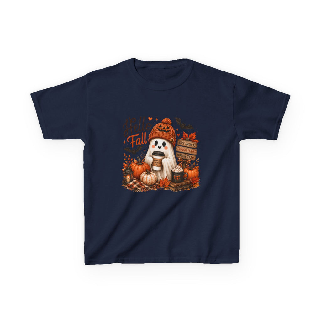 Kids Tee — "Hello Fall" Puppy Pumpkin Autumn Graphic