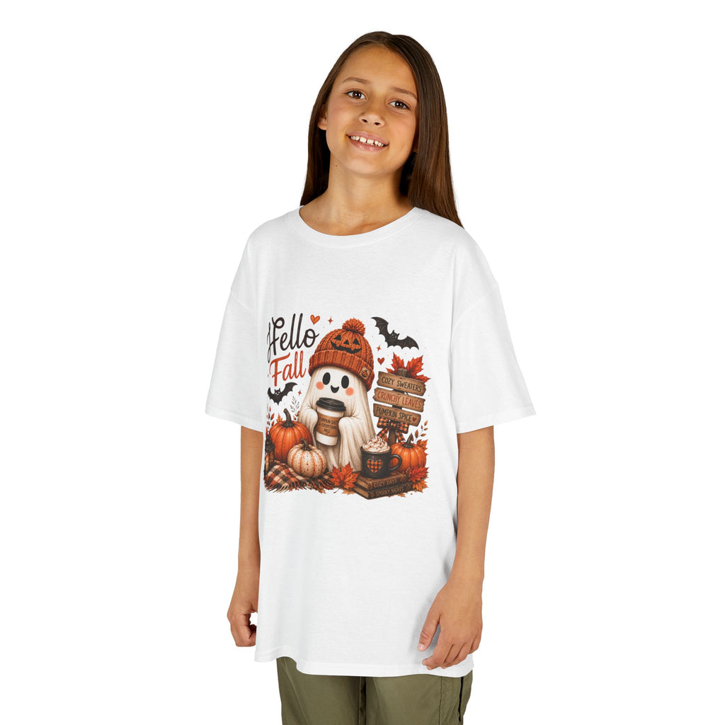 Kids Tee — "Hello Fall" Puppy Pumpkin Autumn Graphic