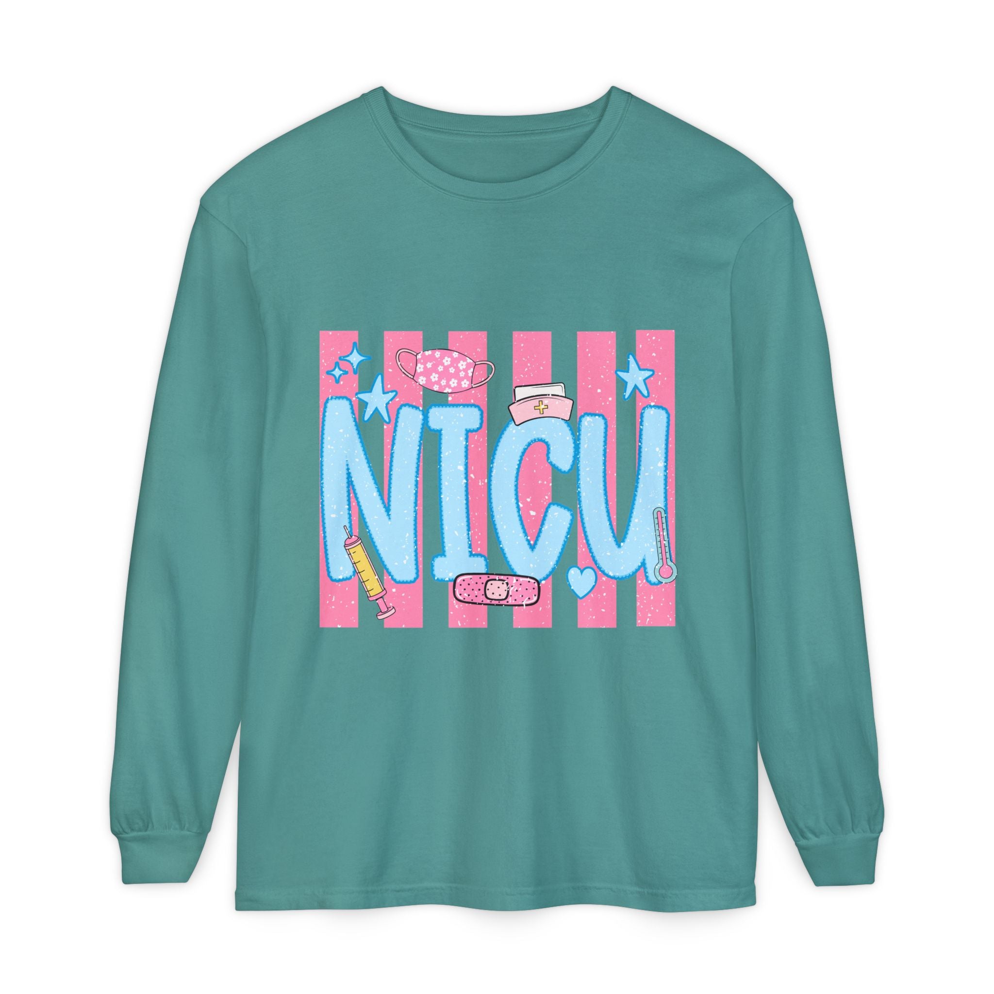 NICU Support Long Sleeve Tee — Cute Pink Stripes & Bandage Design