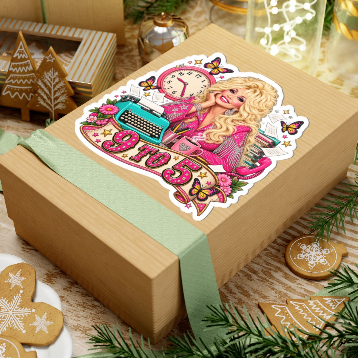 9 to 5 Dolly Sticker — Retro Office Vibe, Typewriter & Clock Decor