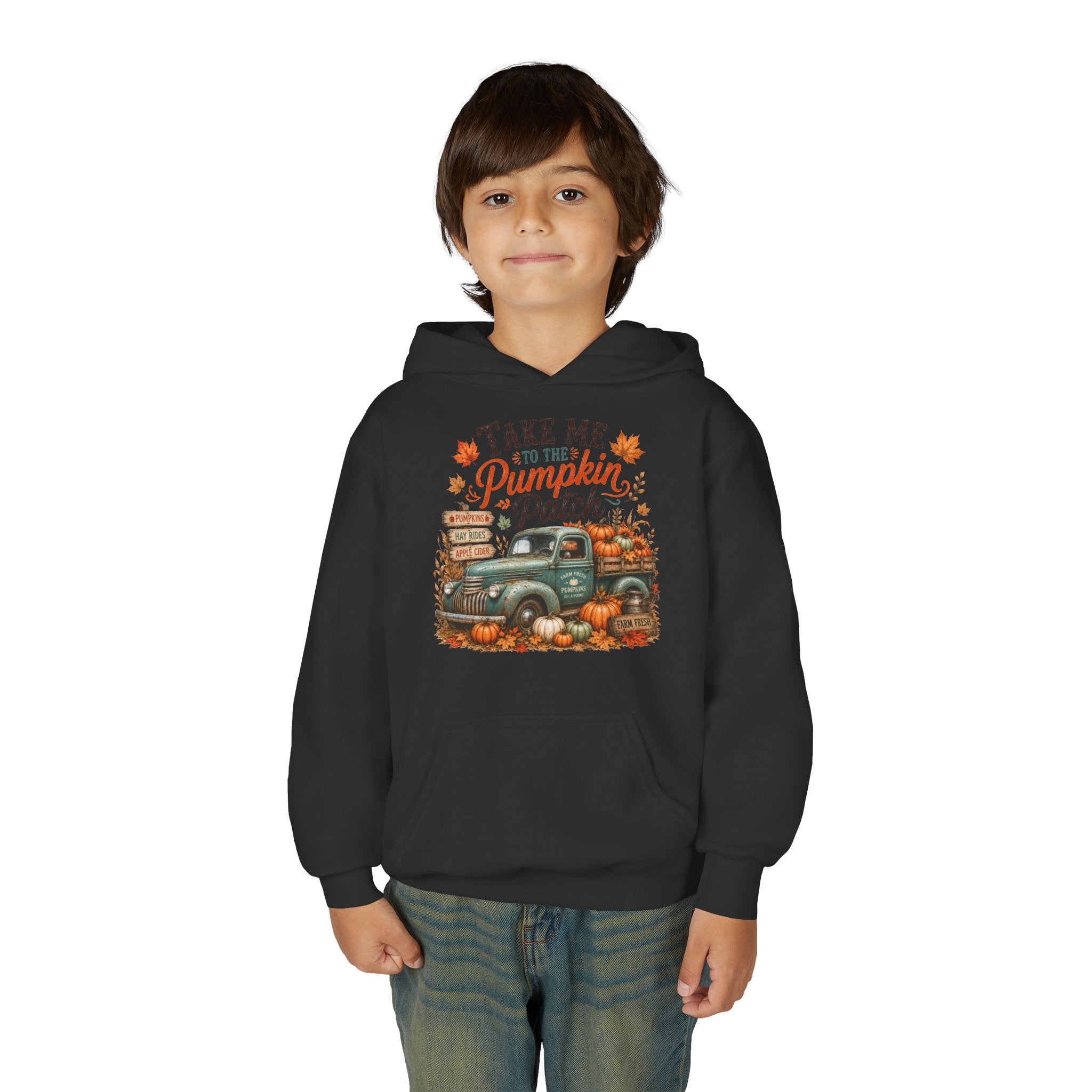 Youth Fall Pumpkin Truck Hoodie — 'Pumpkin Patch' Vintage Truck Graphic Hooded Sweatshirt