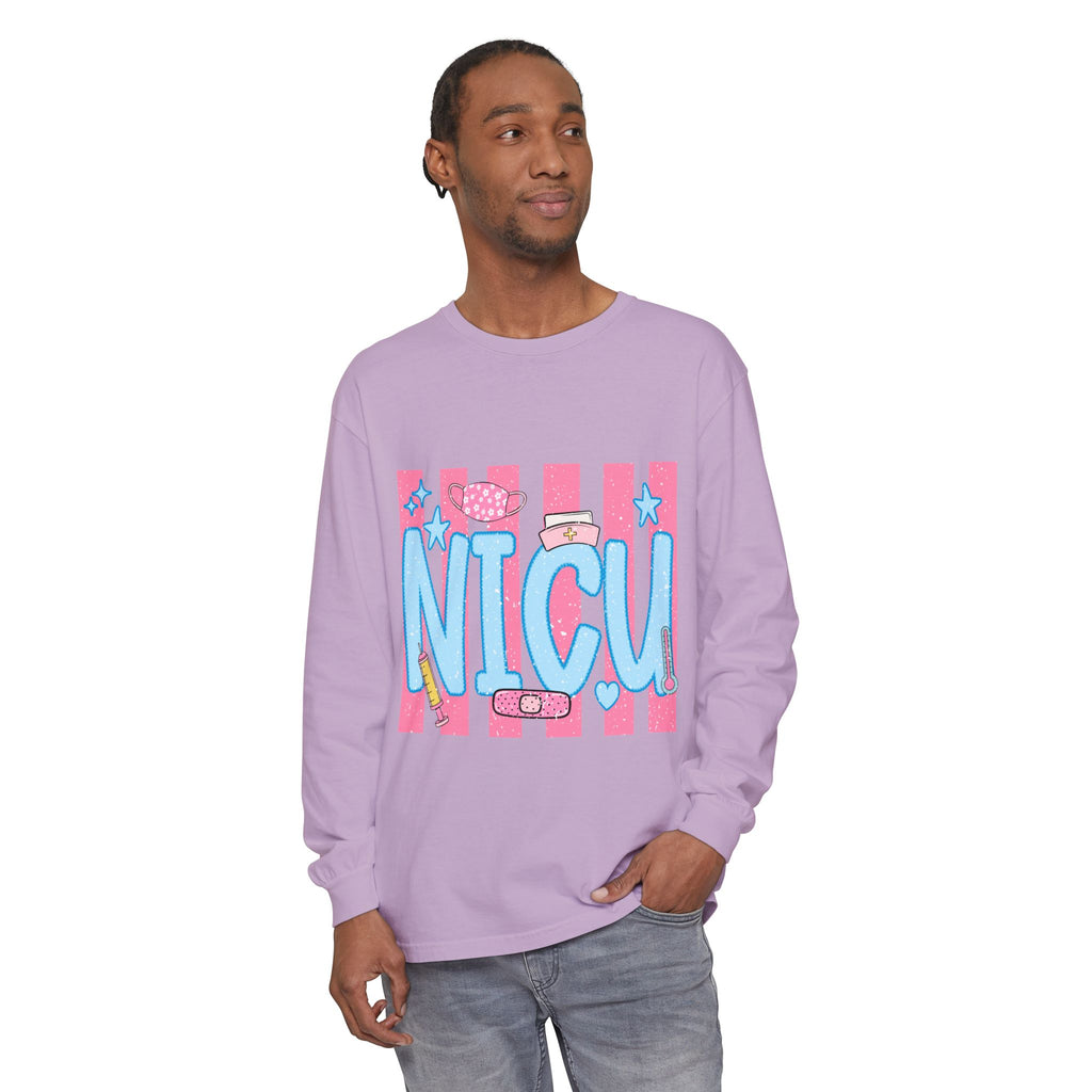 NICU Support Long Sleeve Tee — Cute Pink Stripes & Bandage Design