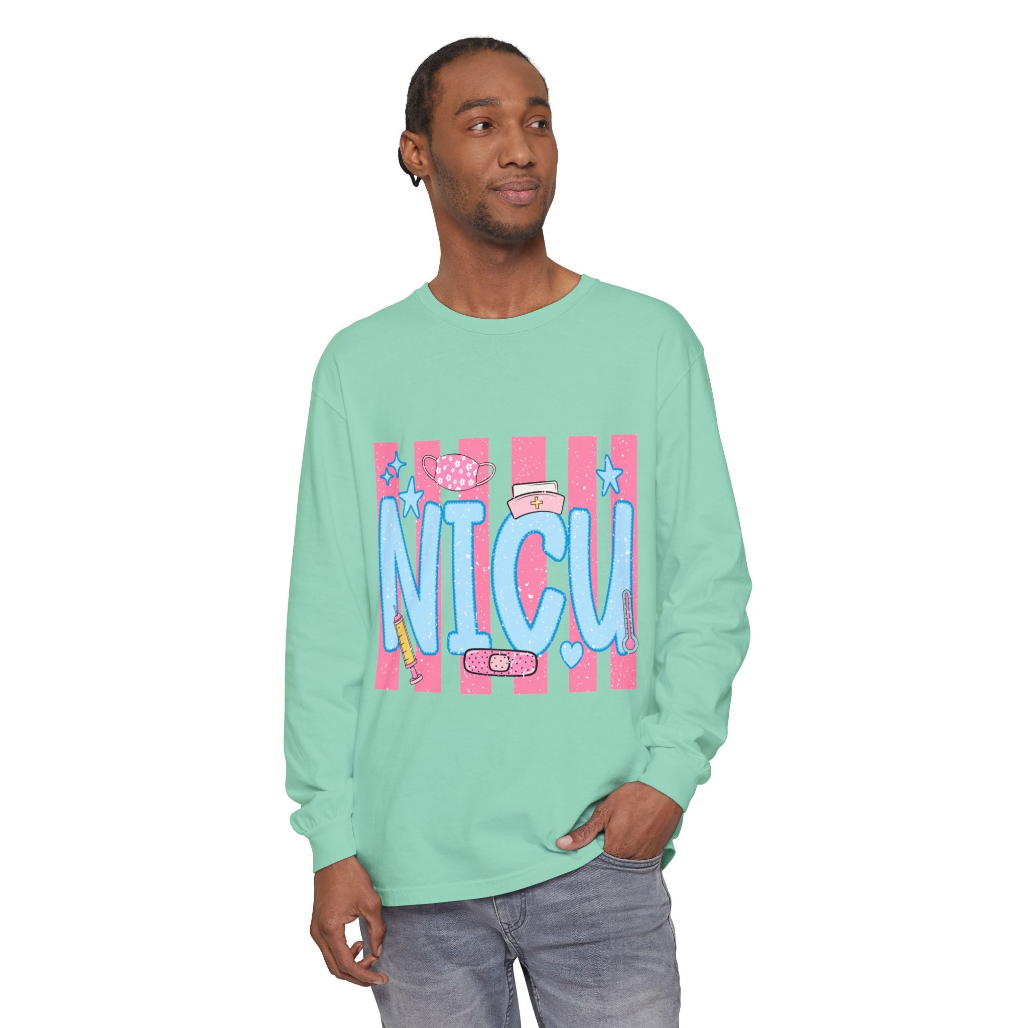 NICU Support Long Sleeve Tee — Cute Pink Stripes & Bandage Design