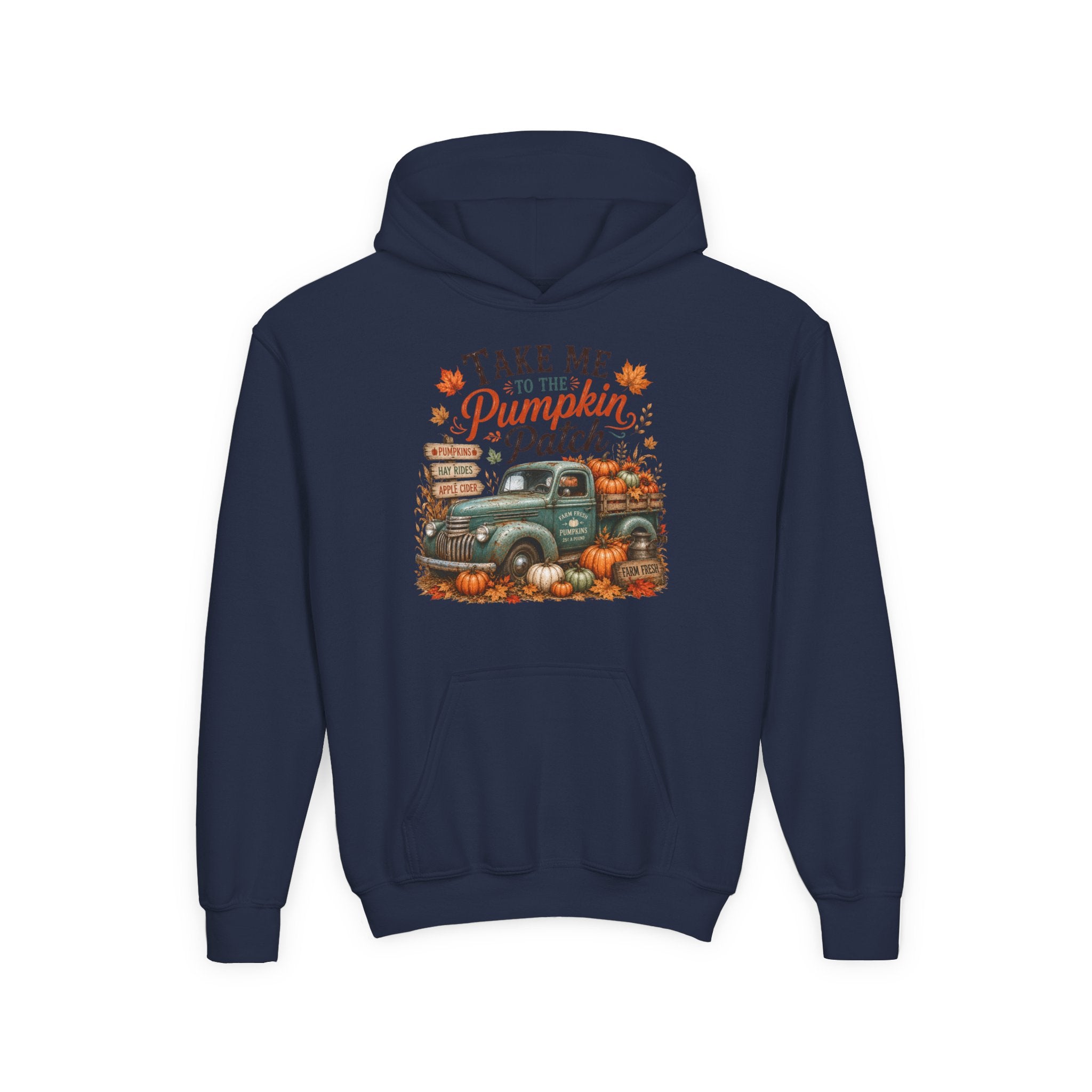 Youth Fall Pumpkin Truck Hoodie — 'Pumpkin Patch' Vintage Truck Graphic Hooded Sweatshirt