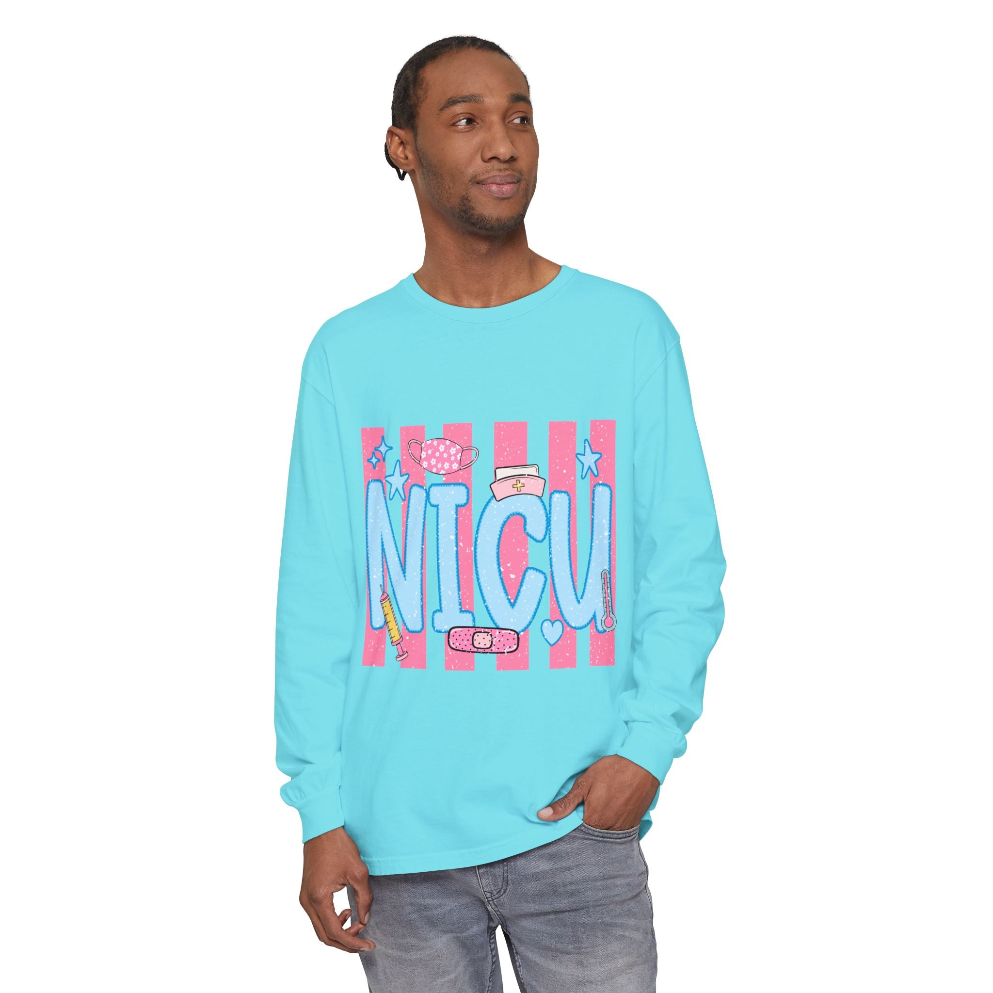 NICU Support Long Sleeve Tee — Cute Pink Stripes & Bandage Design