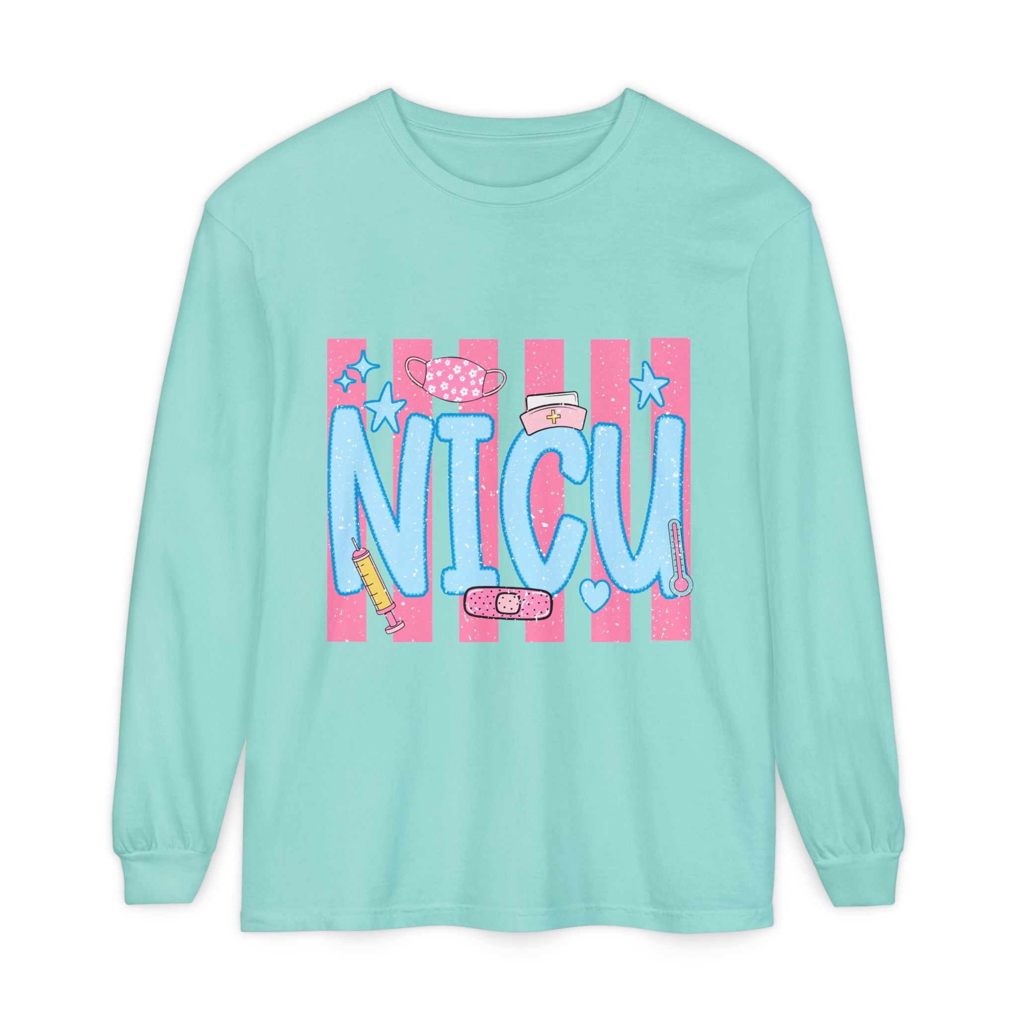 NICU Support Long Sleeve Tee — Cute Pink Stripes & Bandage Design