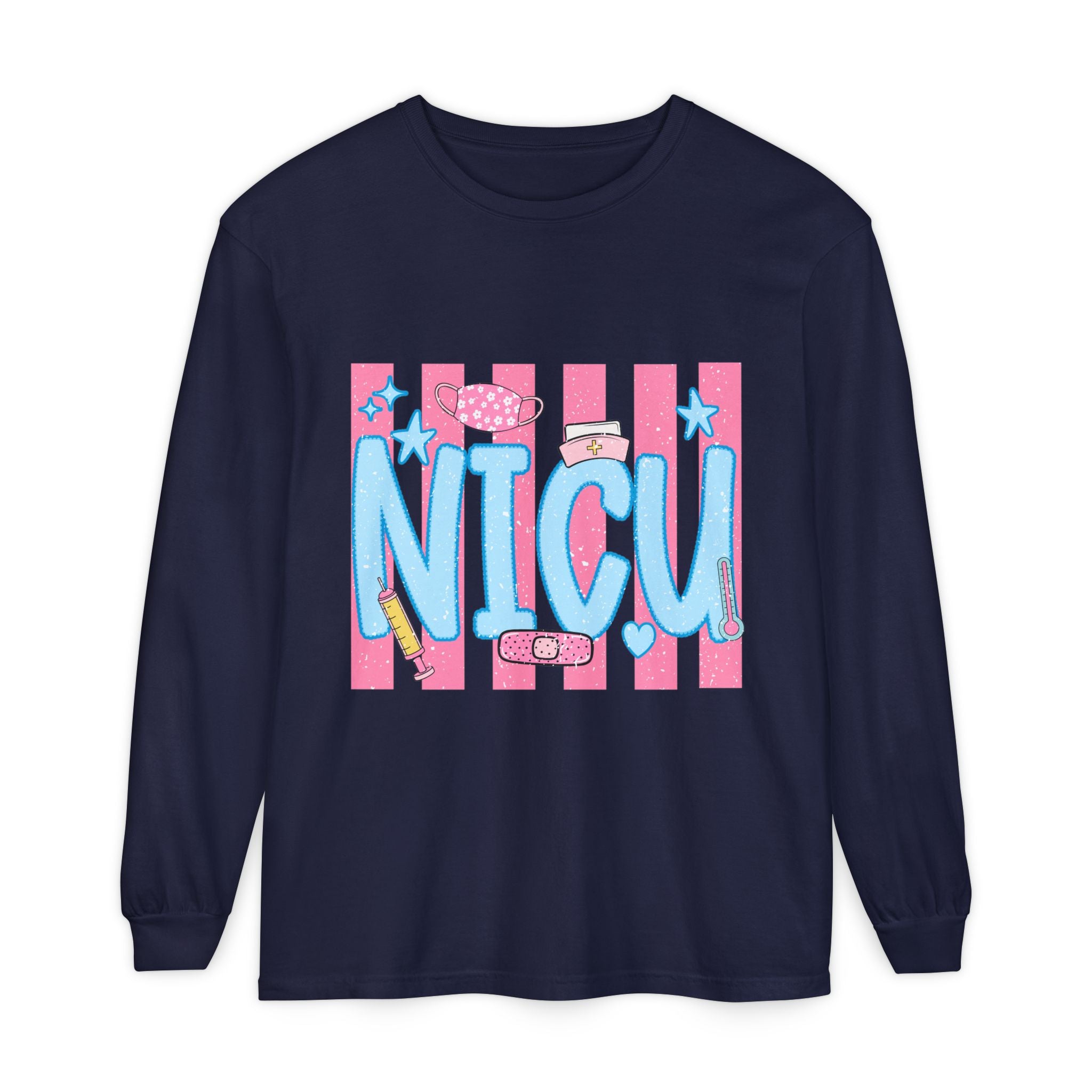 NICU Support Long Sleeve Tee — Cute Pink Stripes & Bandage Design