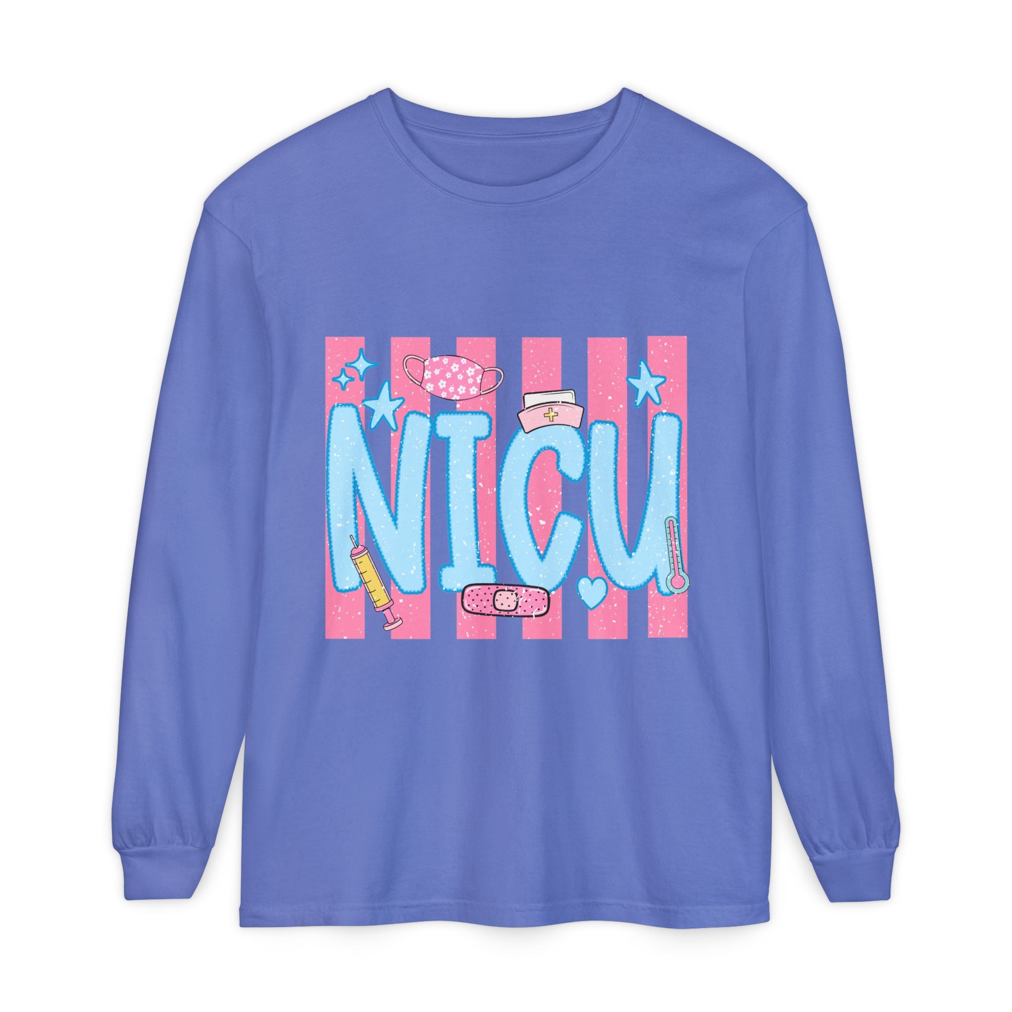 NICU Support Long Sleeve Tee — Cute Pink Stripes & Bandage Design