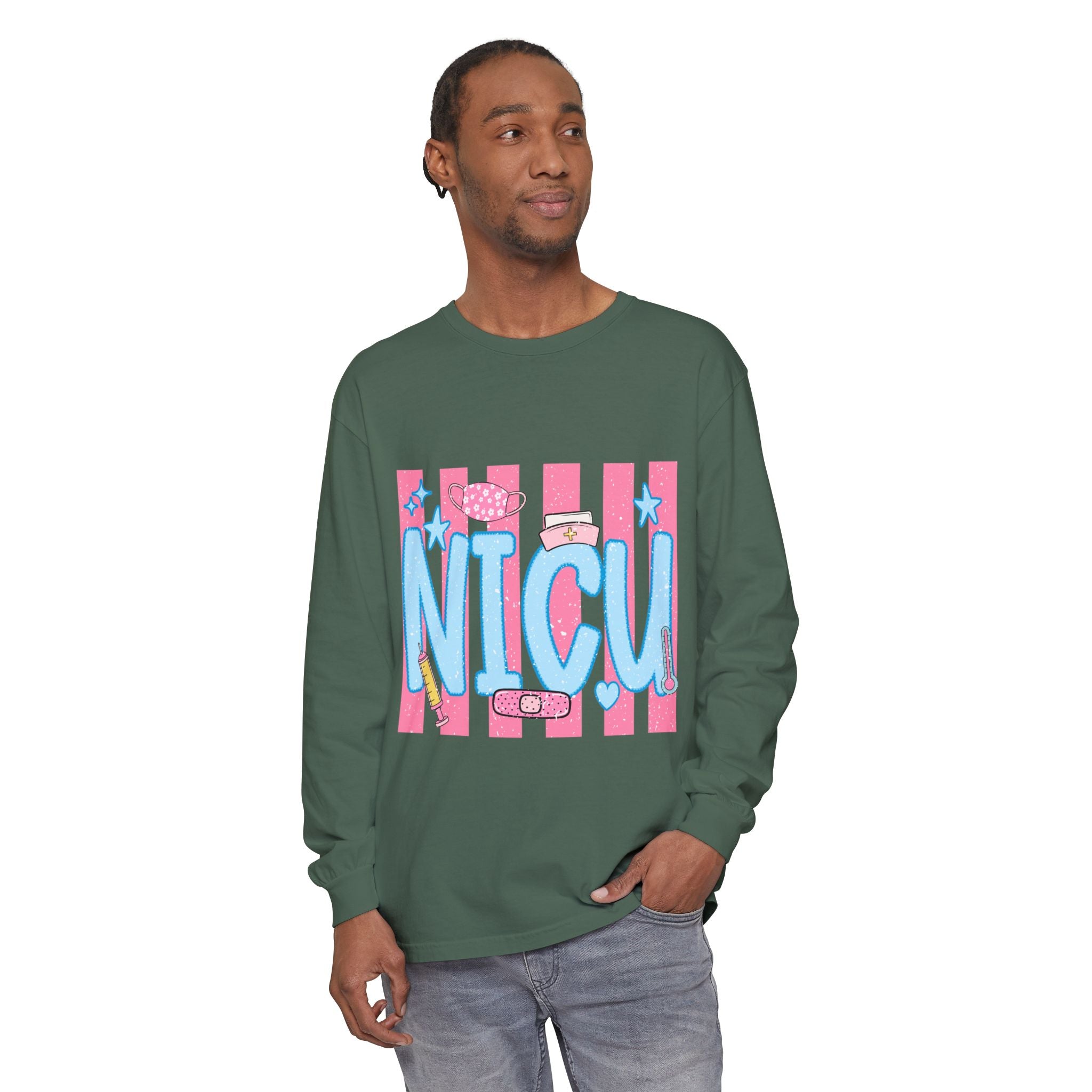 NICU Support Long Sleeve Tee — Cute Pink Stripes & Bandage Design