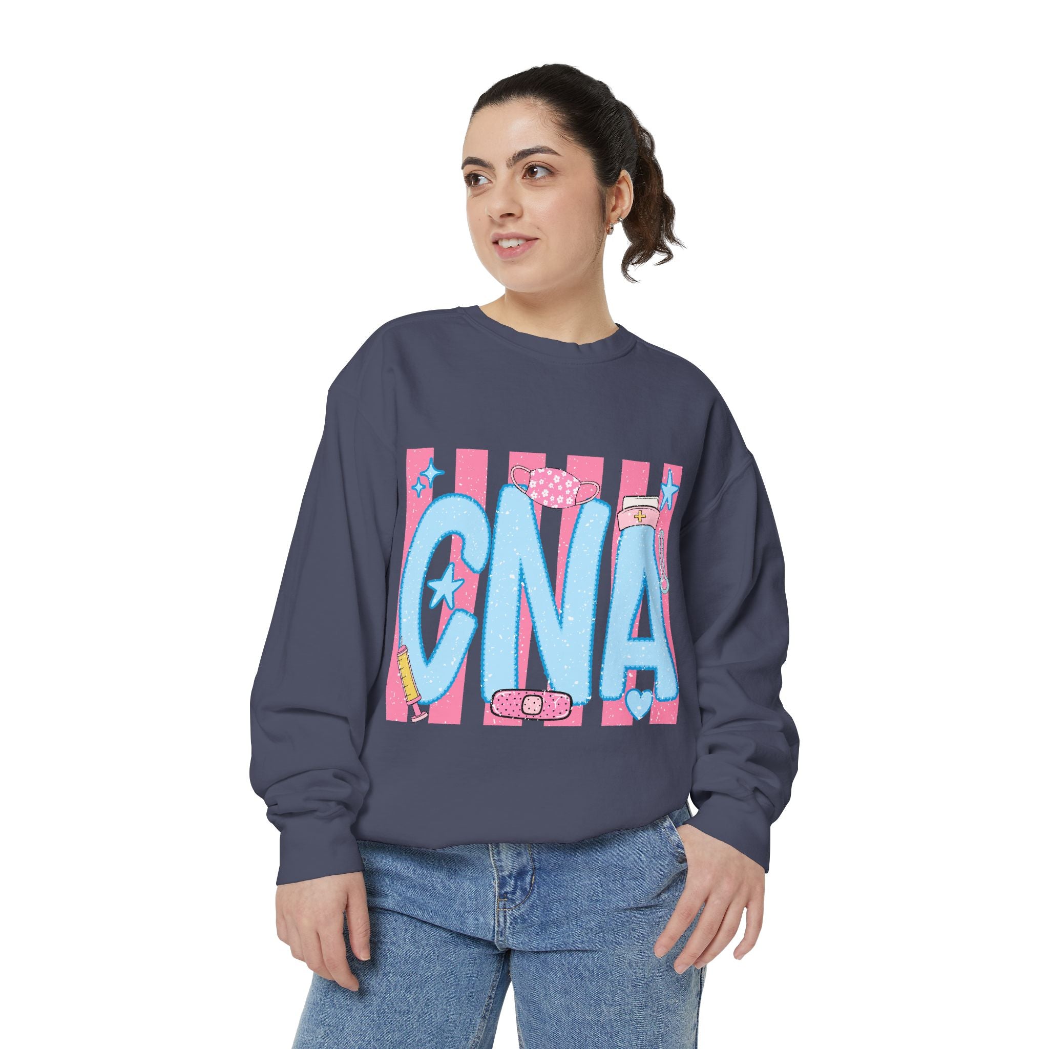 CNA Sparkle Graphic Sweatshirt — Pink & Blue Nurse Assistant Crewneck