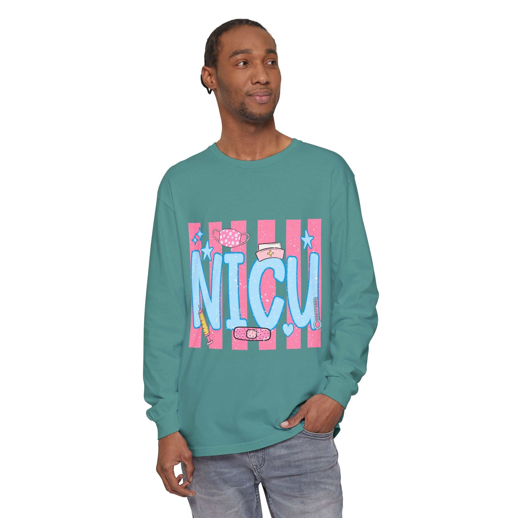 NICU Support Long Sleeve Tee — Cute Pink Stripes & Bandage Design