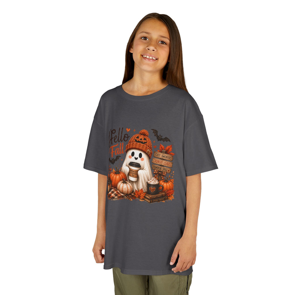 Kids Tee — "Hello Fall" Puppy Pumpkin Autumn Graphic
