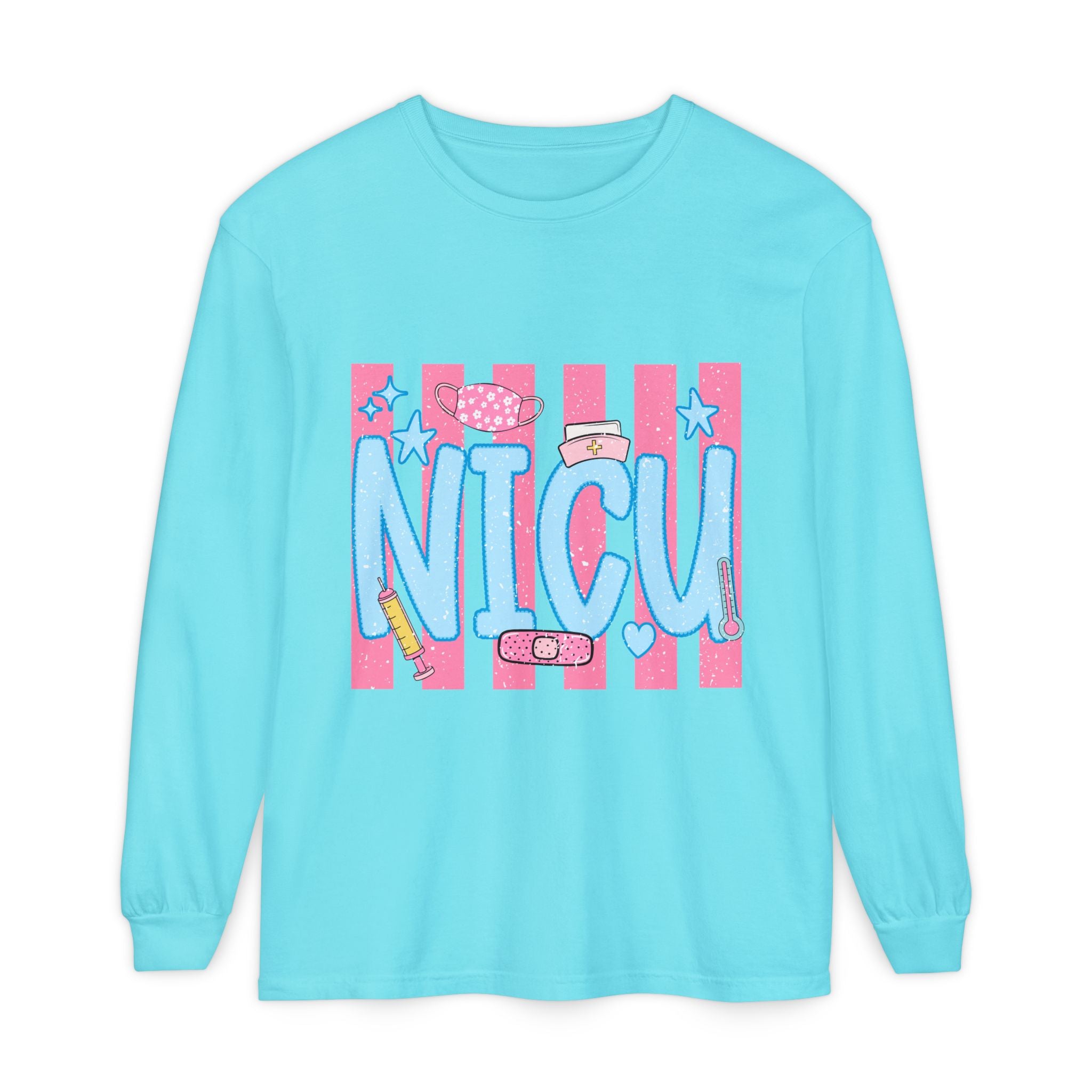NICU Support Long Sleeve Tee — Cute Pink Stripes & Bandage Design