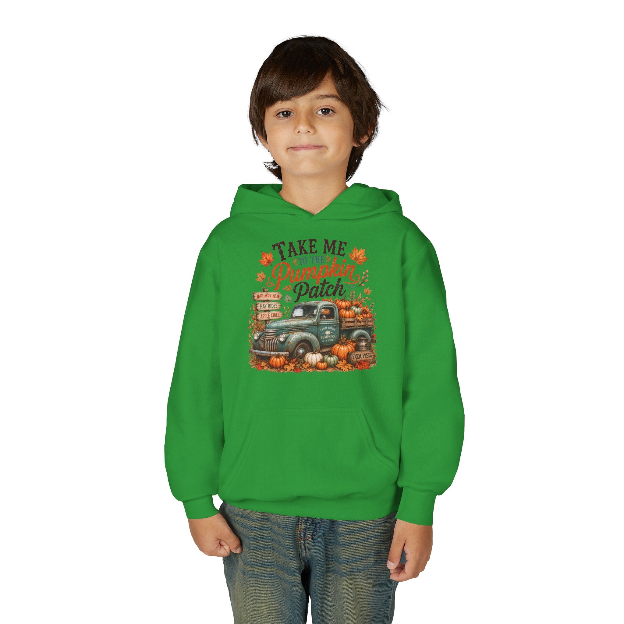 Youth Fall Pumpkin Truck Hoodie — 'Pumpkin Patch' Vintage Truck Graphic Hooded Sweatshirt