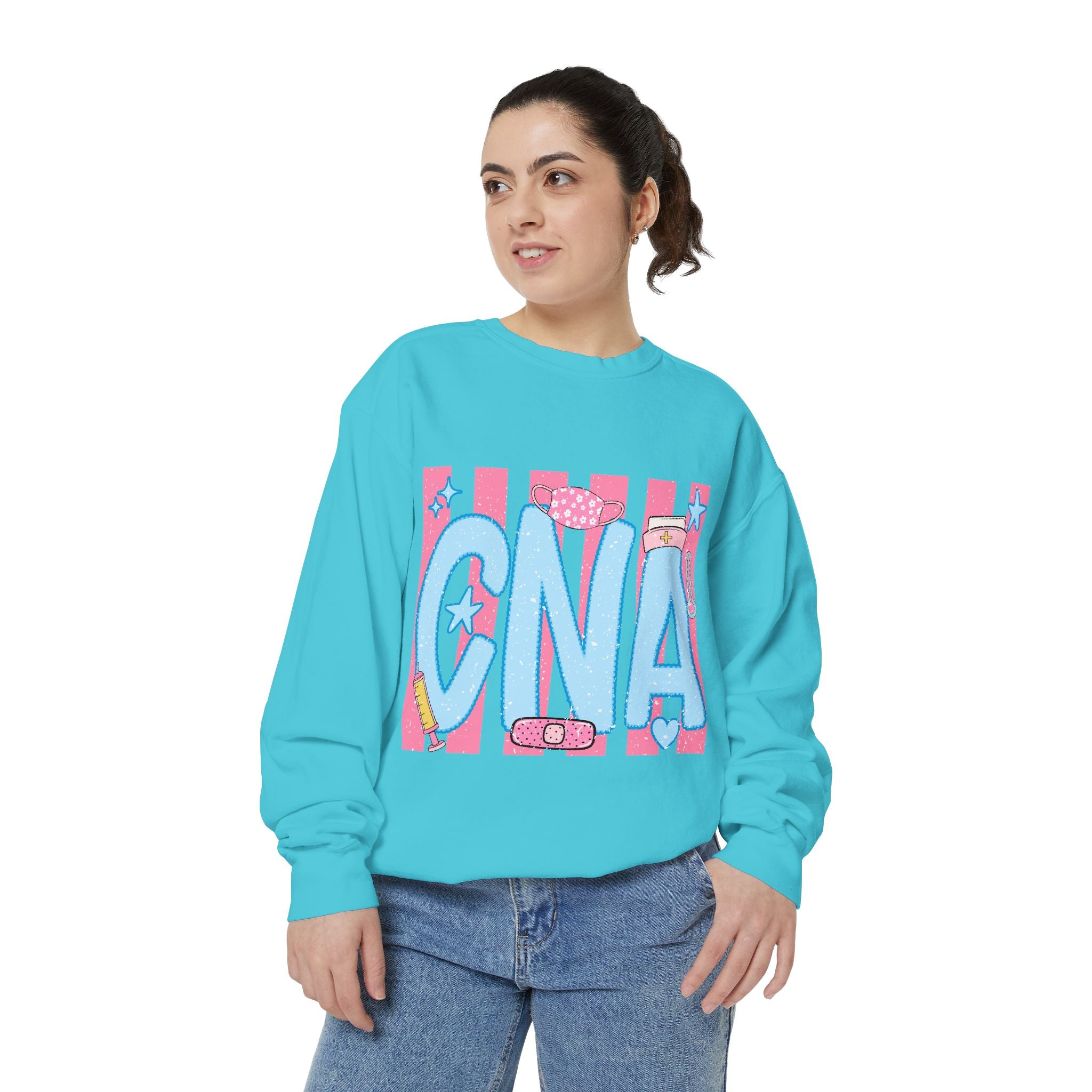 CNA Sparkle Graphic Sweatshirt — Pink & Blue Nurse Assistant Crewneck