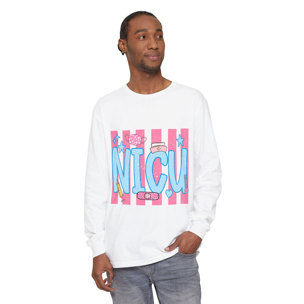 NICU Support Long Sleeve Tee — Cute Pink Stripes & Bandage Design