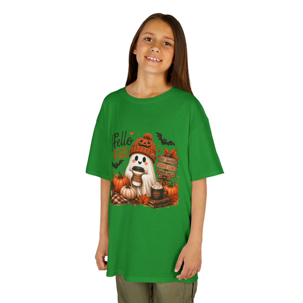 Kids Tee — "Hello Fall" Puppy Pumpkin Autumn Graphic