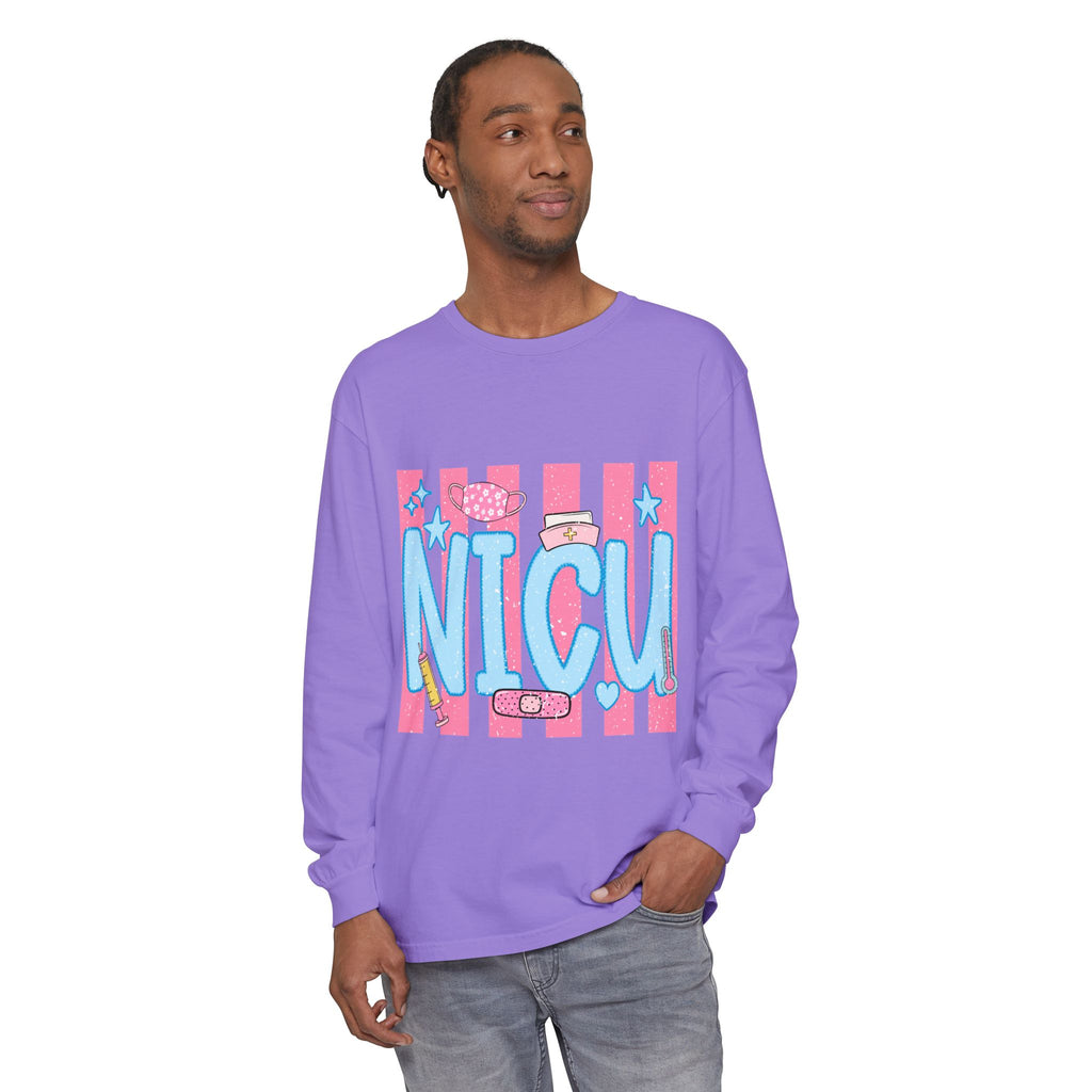 NICU Support Long Sleeve Tee — Cute Pink Stripes & Bandage Design
