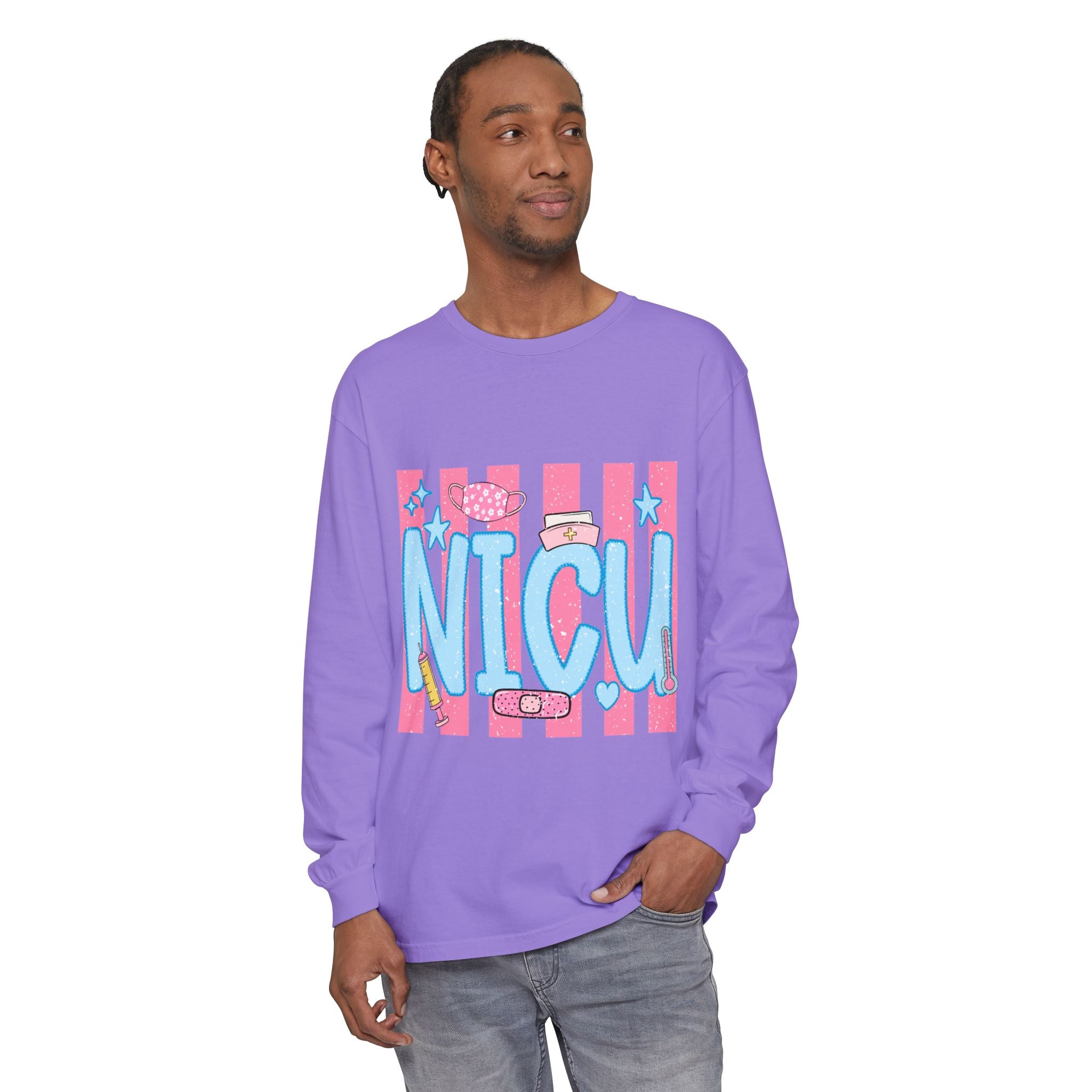 NICU Support Long Sleeve Tee — Cute Pink Stripes & Bandage Design