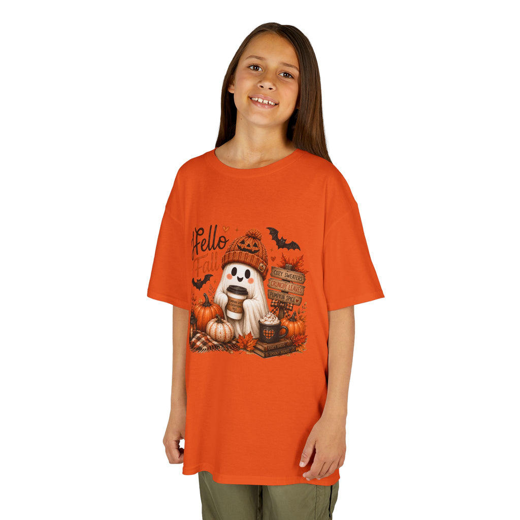 Kids Tee — "Hello Fall" Puppy Pumpkin Autumn Graphic
