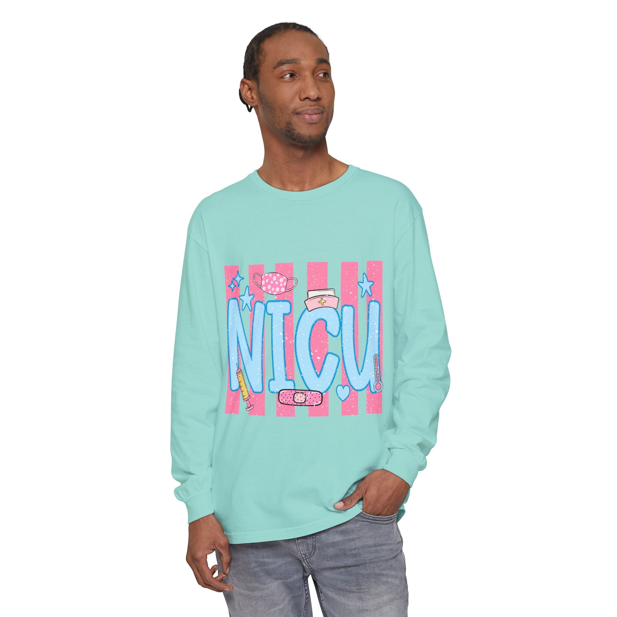 NICU Support Long Sleeve Tee — Cute Pink Stripes & Bandage Design