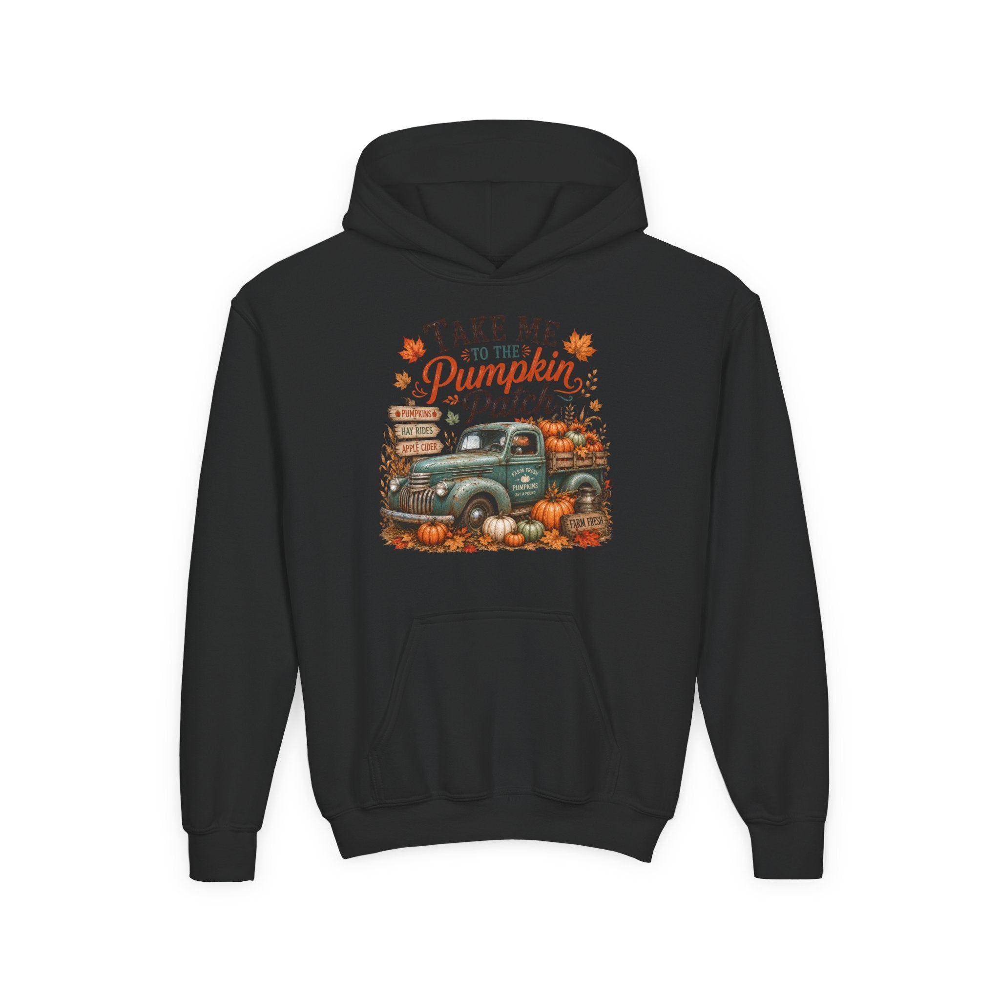 Youth Fall Pumpkin Truck Hoodie — 'Pumpkin Patch' Vintage Truck Graphic Hooded Sweatshirt