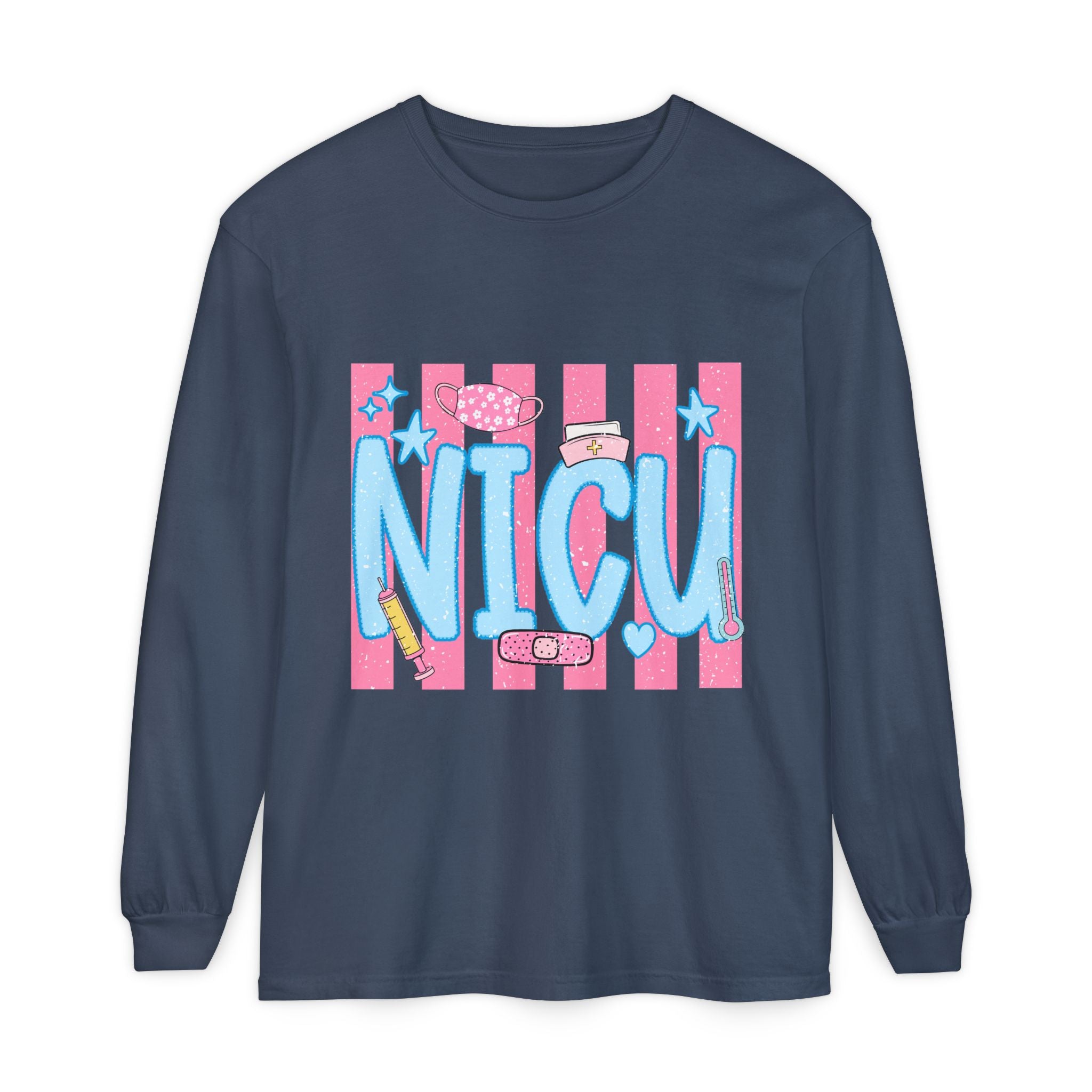 NICU Support Long Sleeve Tee — Cute Pink Stripes & Bandage Design