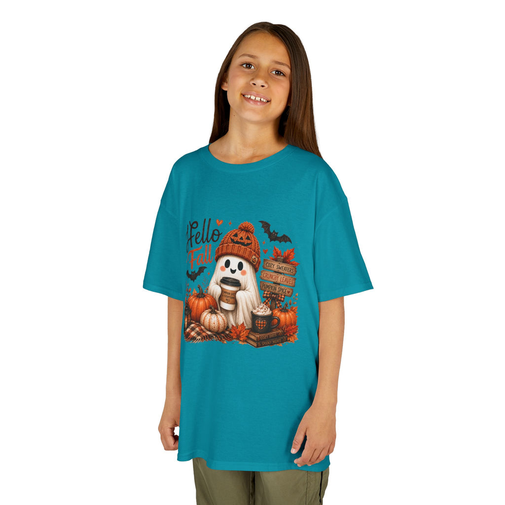 Kids Tee — "Hello Fall" Puppy Pumpkin Autumn Graphic