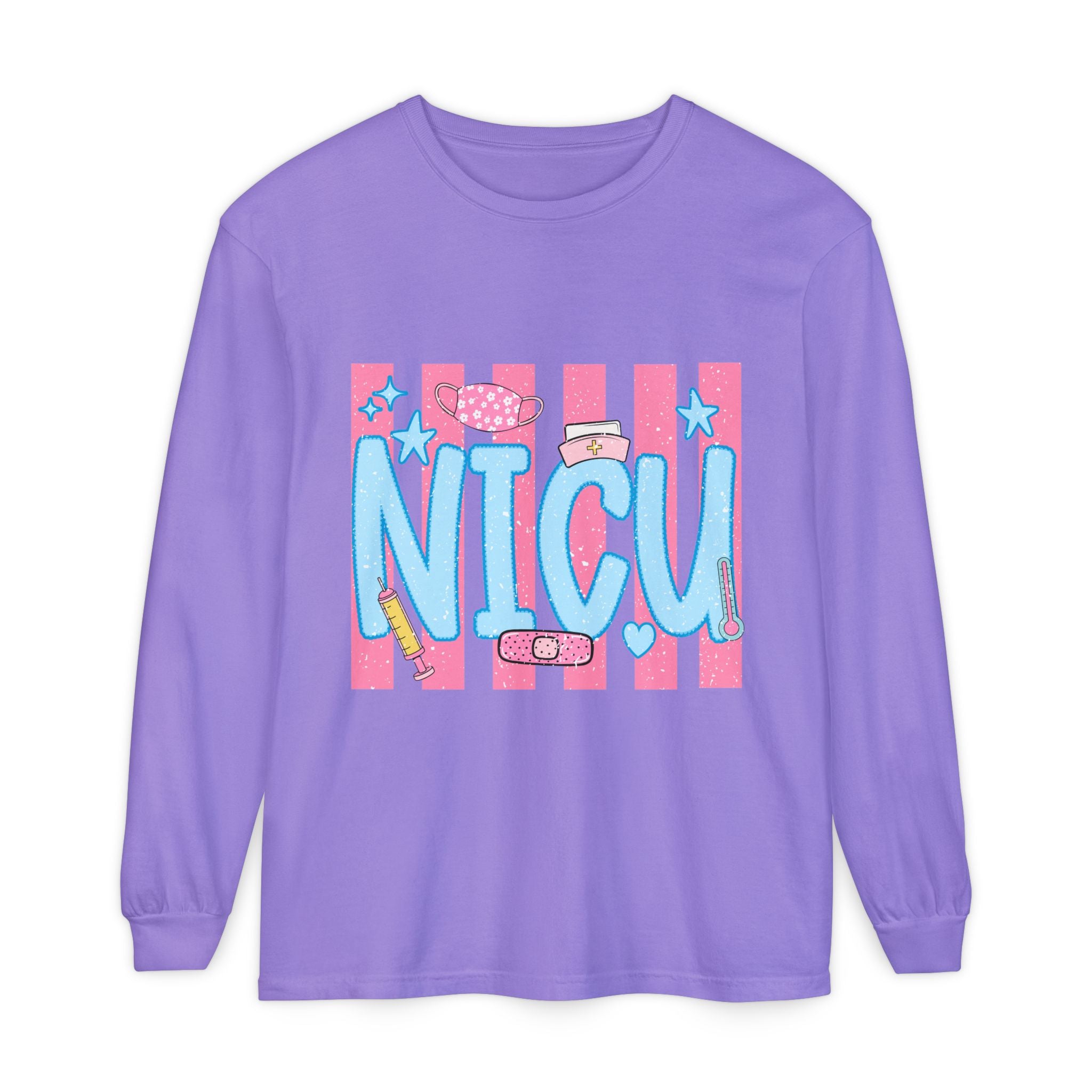 NICU Support Long Sleeve Tee — Cute Pink Stripes & Bandage Design