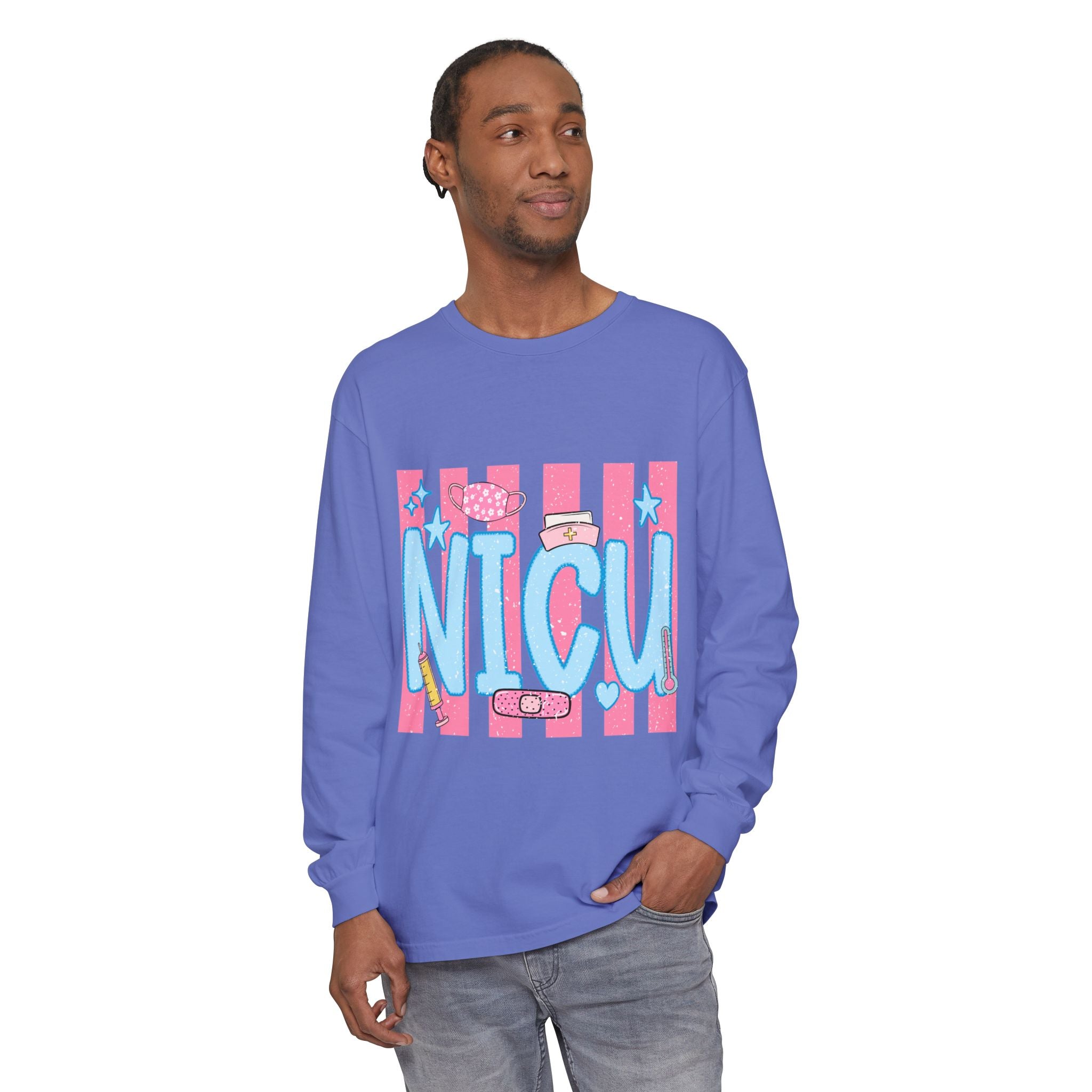 NICU Support Long Sleeve Tee — Cute Pink Stripes & Bandage Design