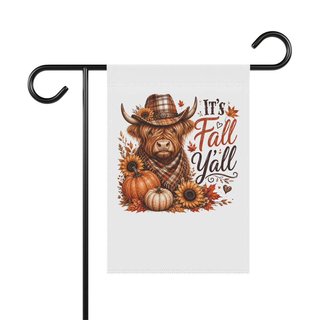 Fall Garden Flag — "It's Fall Y'all" Highland Cow Pumpkin Sunflowers Banner