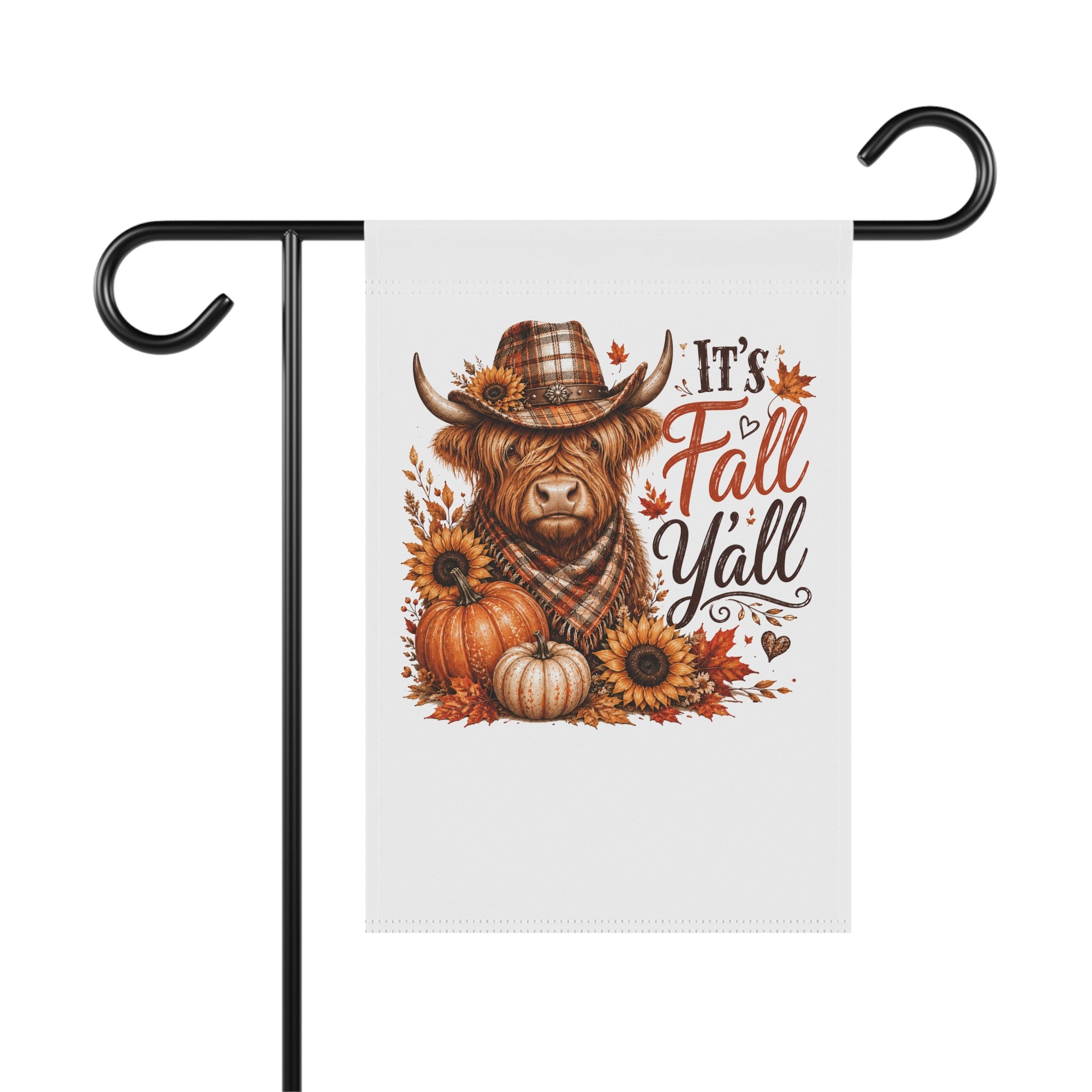 Fall Garden Flag — "It's Fall Y'all" Highland Cow Pumpkin Sunflowers Banner