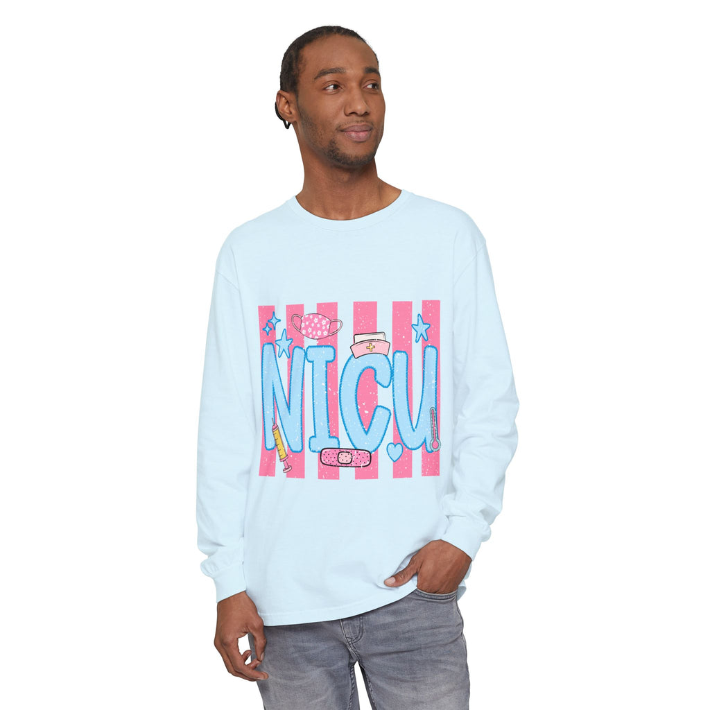 NICU Support Long Sleeve Tee — Cute Pink Stripes & Bandage Design