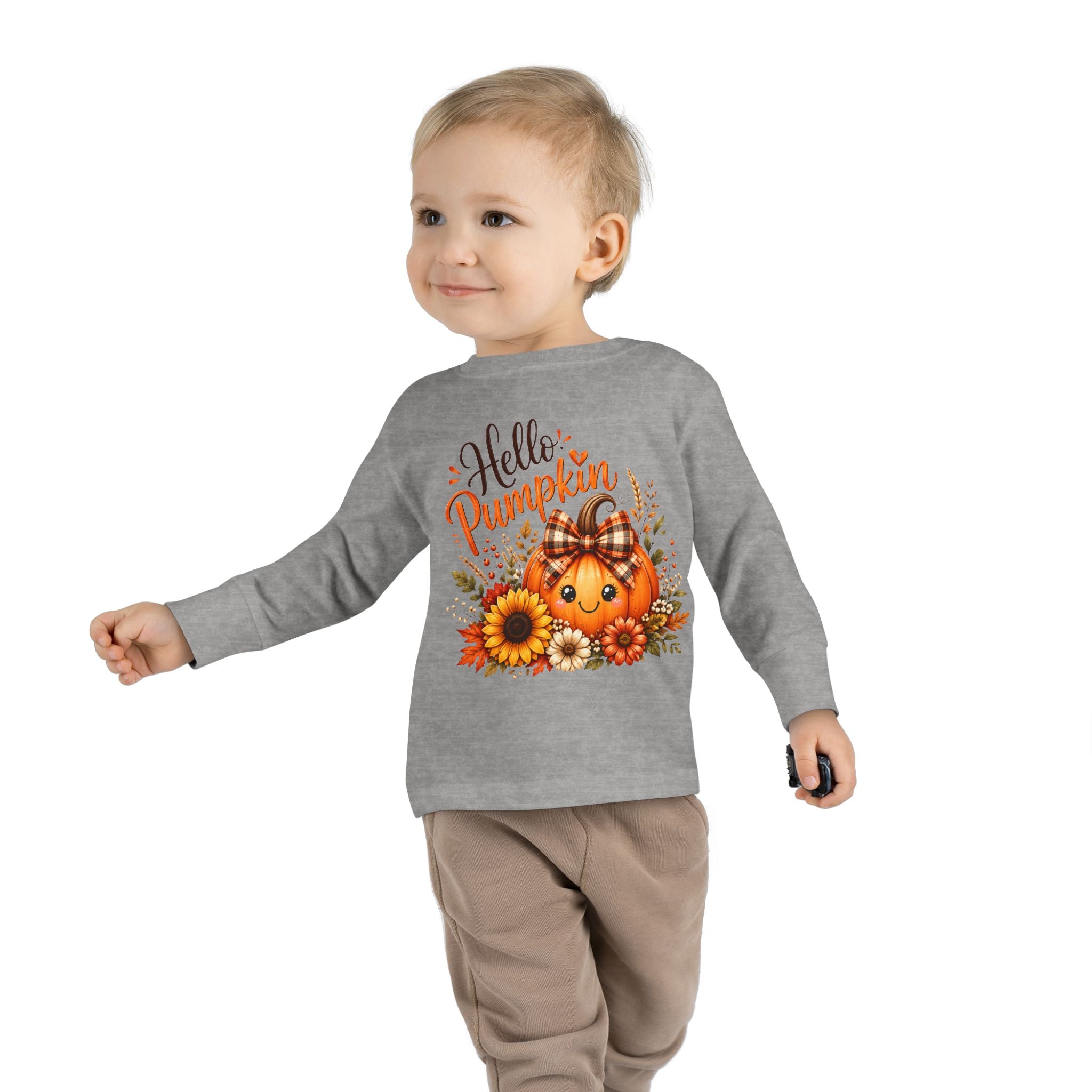 Hello Pumpkin Toddler Long Sleeve Tee — Cute Fall Pumpkin Graphic