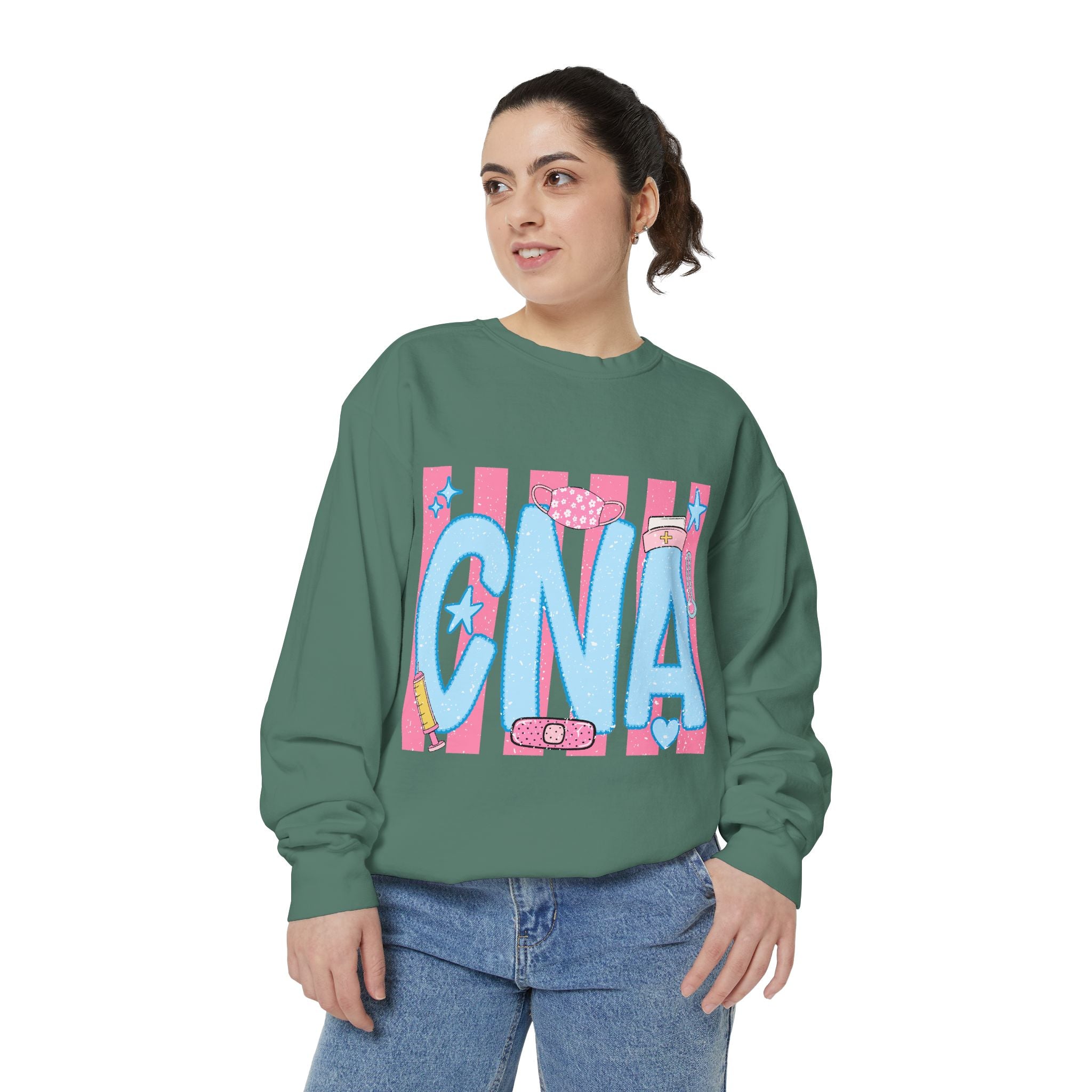 CNA Sparkle Graphic Sweatshirt — Pink & Blue Nurse Assistant Crewneck