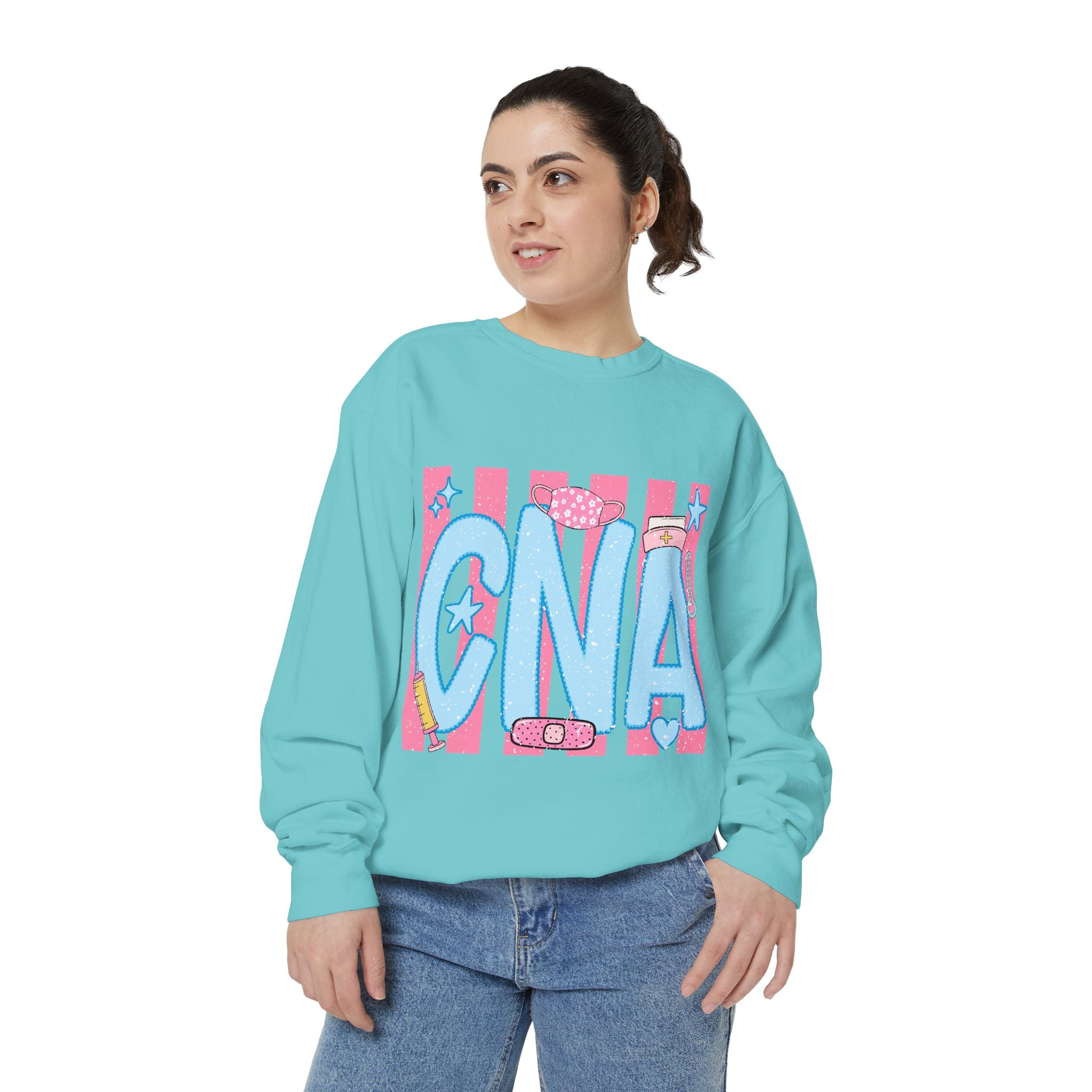 CNA Sparkle Graphic Sweatshirt — Pink & Blue Nurse Assistant Crewneck